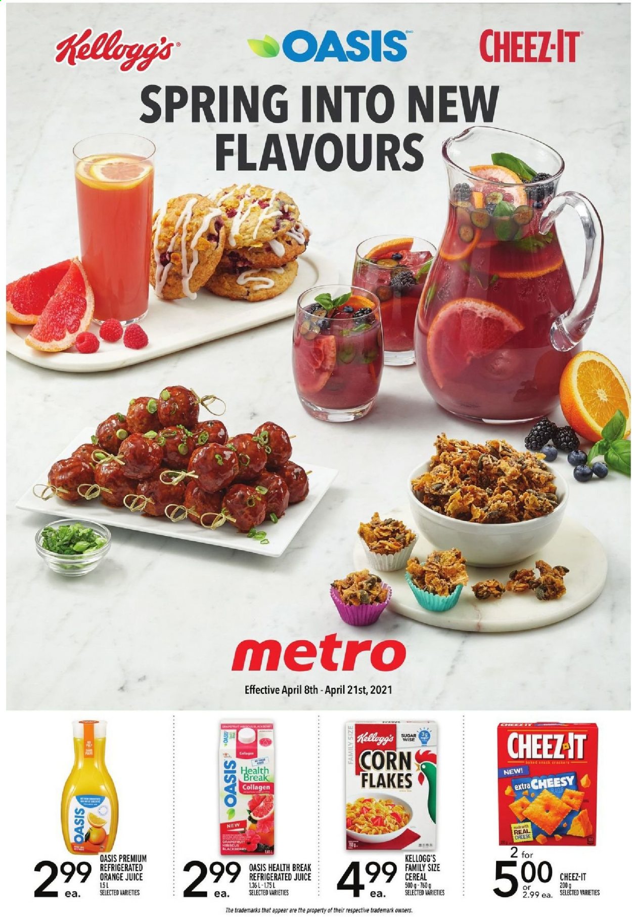 thumbnail - Metro Flyer - April 08, 2021 - April 14, 2021 - Sales products - corn, grapefruits, Kellogg's, Cheez-It, sugar, cereals, orange juice, juice. Page 14.