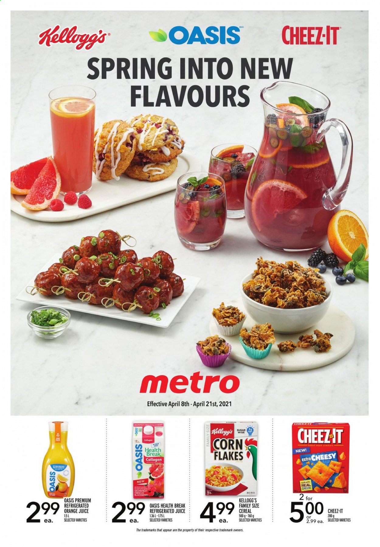 thumbnail - Metro Flyer - April 08, 2021 - April 21, 2021 - Sales products - grapefruits, snack, crackers, Kellogg's, Cheez-It, sugar, cereals, corn flakes, orange juice, juice. Page 1.