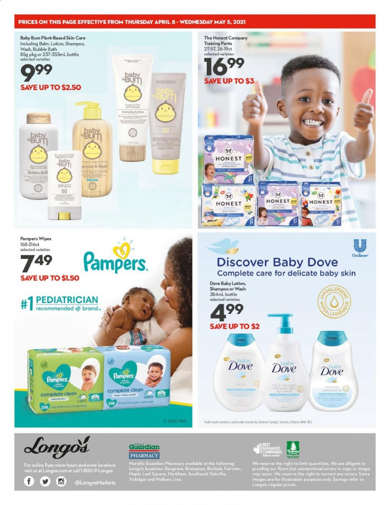 thumbnail - Longo's Flyer - April 08, 2021 - May 05, 2021 - Sales products - wipes, pants, baby pants, bubble bath, body lotion, shampoo, Pampers. Page 2.