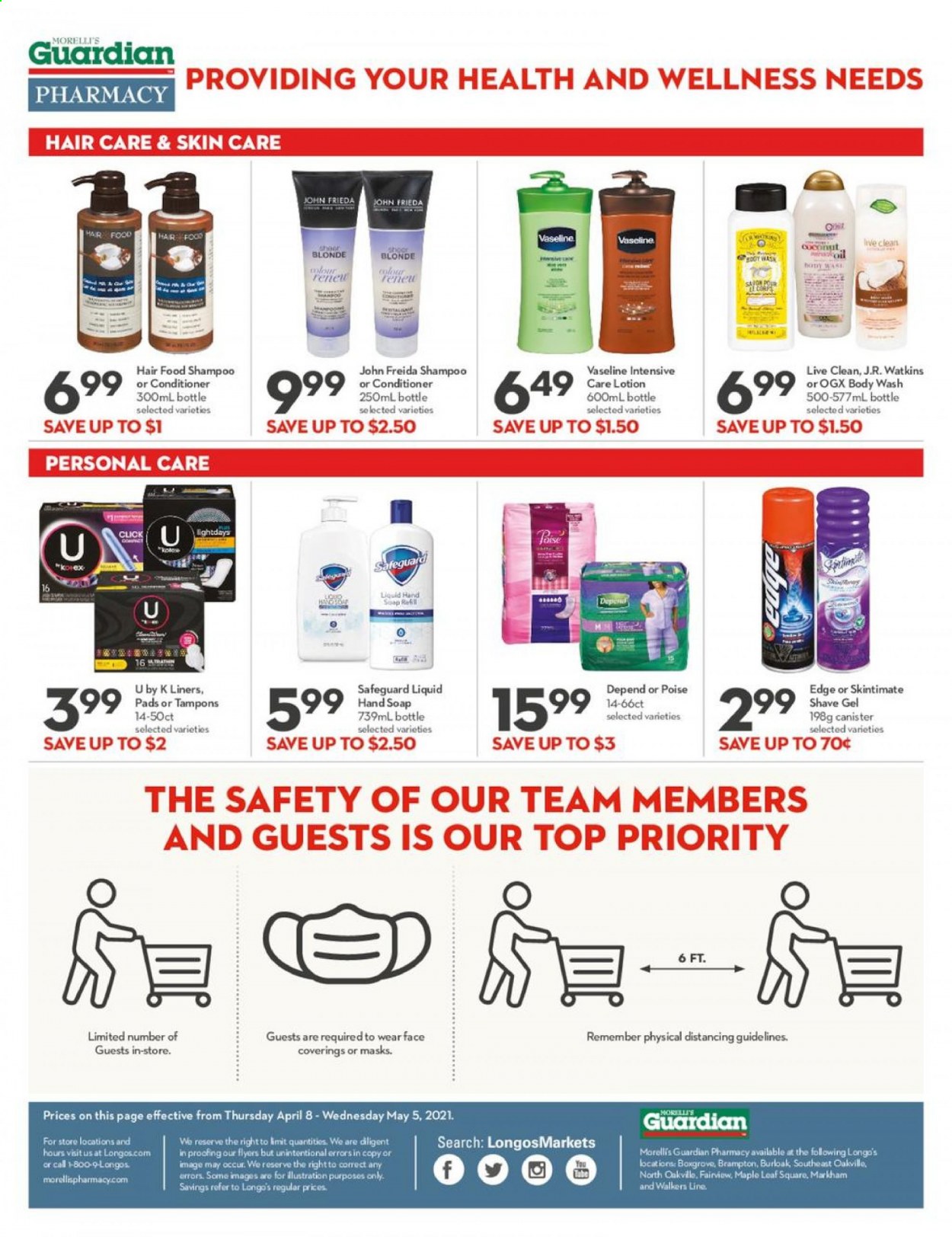 thumbnail - Longo's Flyer - April 07, 2021 - May 05, 2021 - Sales products - oil, body wash, hand soap, Vaseline, soap, tampons, OGX, conditioner, John Frieda, body lotion, shave gel, shampoo. Page 2.