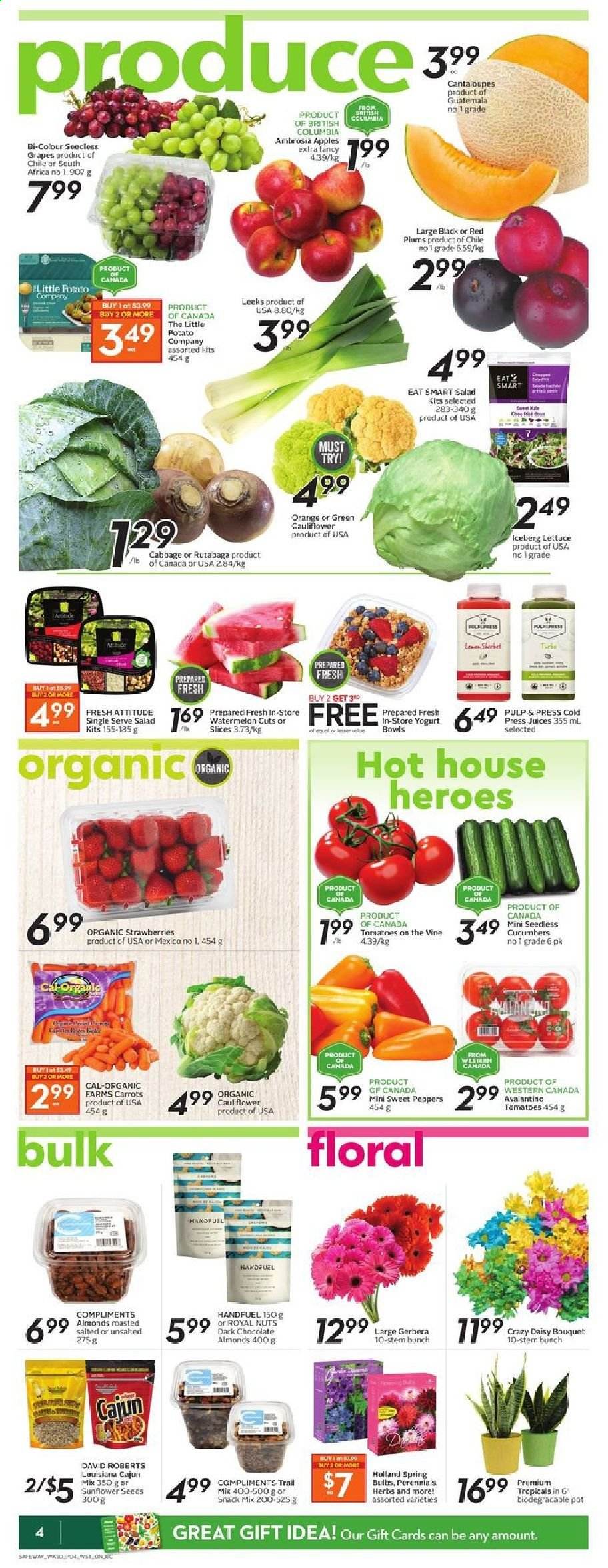 thumbnail - Safeway Flyer - April 08, 2021 - April 14, 2021 - Sales products - cantaloupe, carrots, cauliflower, cucumber, sweet peppers, tomatoes, kale, lettuce, salad, peppers, apples, grapes, seedless grapes, strawberries, watermelon, plums, red plums, sherbet, chocolate, dark chocolate, sunflower seeds, trail mix, juice, rutabaga, pot. Page 4.