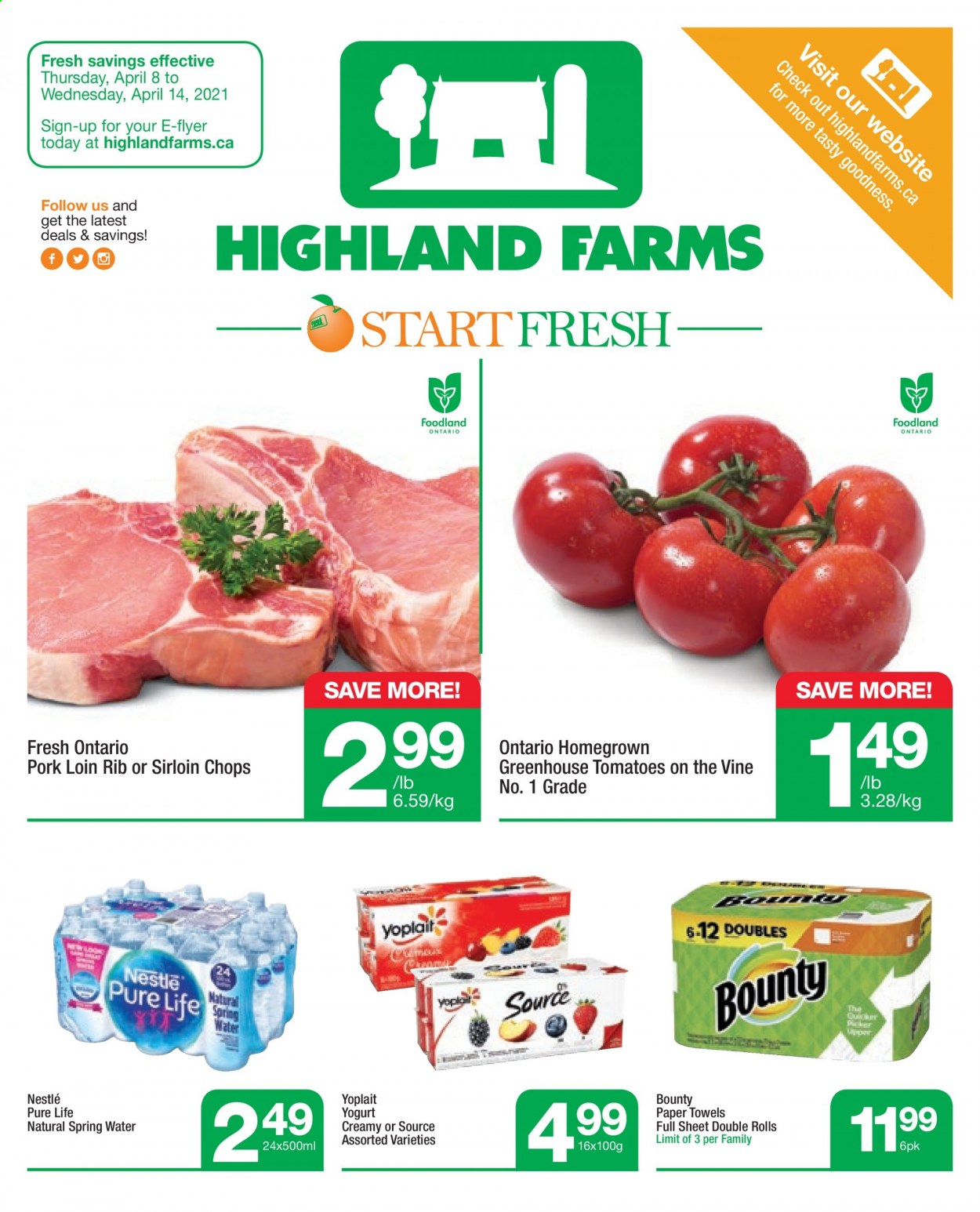 thumbnail - Highland Farms Flyer - April 08, 2021 - April 14, 2021 - Sales products - tomatoes, yoghurt, Yoplait, Bounty, spring water, pork loin, pork meat, Nestlé. Page 1.