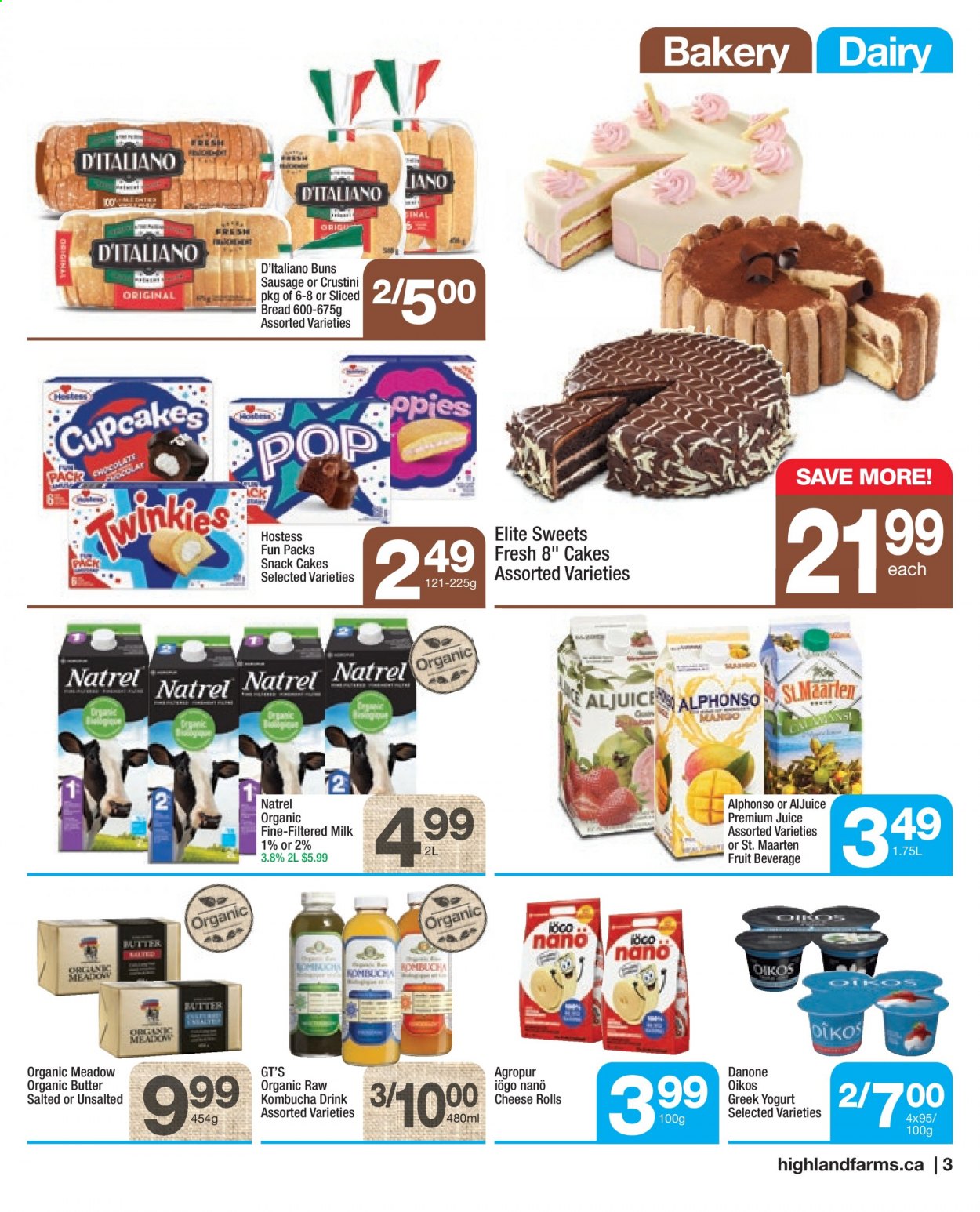 thumbnail - Highland Farms Flyer - April 08, 2021 - April 14, 2021 - Sales products - bread, buns, cupcake, sausage, cheese, greek yoghurt, yoghurt, Oikos, milk, butter, snack, cheese rolls, juice, kombucha, Danone. Page 3.