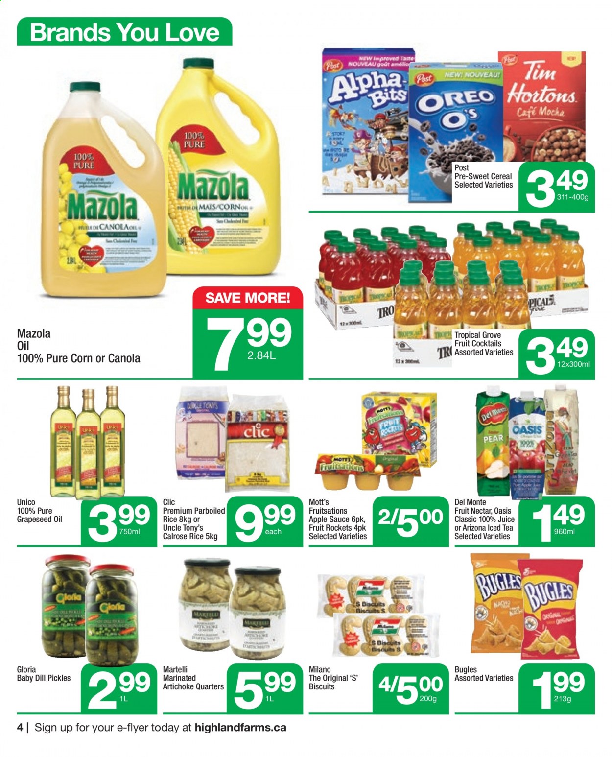 thumbnail - Highland Farms Flyer - April 08, 2021 - April 14, 2021 - Sales products - artichoke, corn, pears, Mott's, sauce, biscuit, pickles, cereals, rice, parboiled rice, dill, oil, grape seed oil, apple sauce, juice, ice tea, fruit nectar, AriZona, Oreo. Page 4.