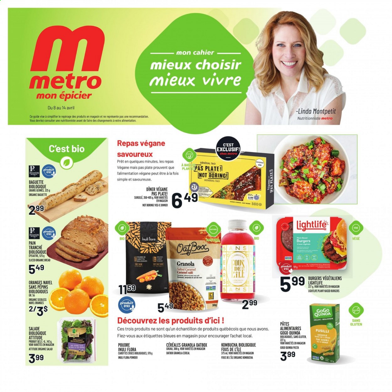thumbnail - Metro Flyer - April 08, 2021 - April 14, 2021 - Sales products - bread, salad, navel oranges, hamburger, pasta, Flora, cereals, kombucha, plate, PREMIERE, granola, quinoa. Page 1.