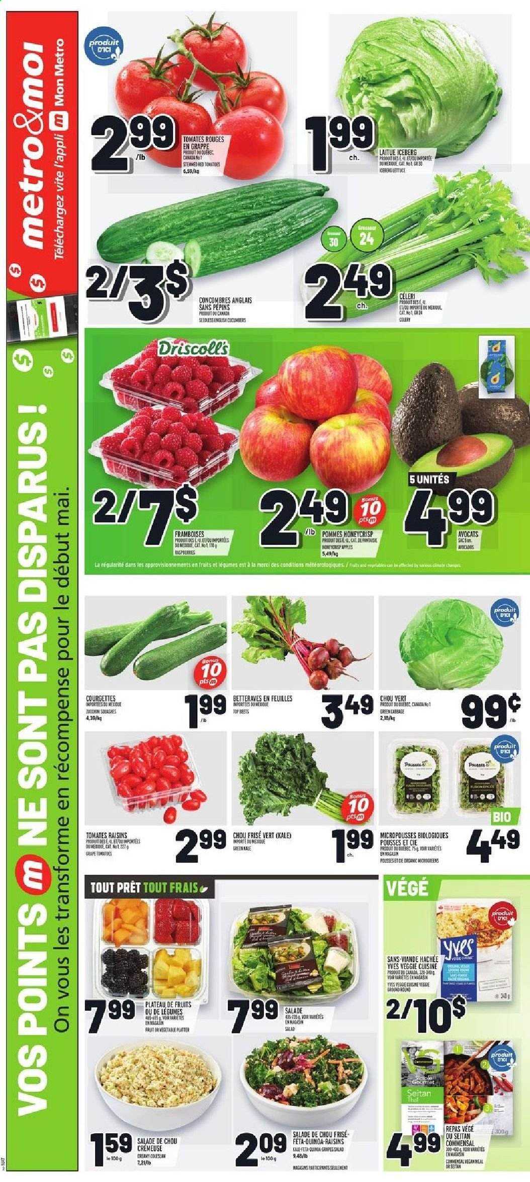 thumbnail - Metro Flyer - April 08, 2021 - April 14, 2021 - Sales products - cabbage, celery, kale, lettuce, salad, grapes, feta, Merci, dried fruit, quinoa, raisins. Page 2.