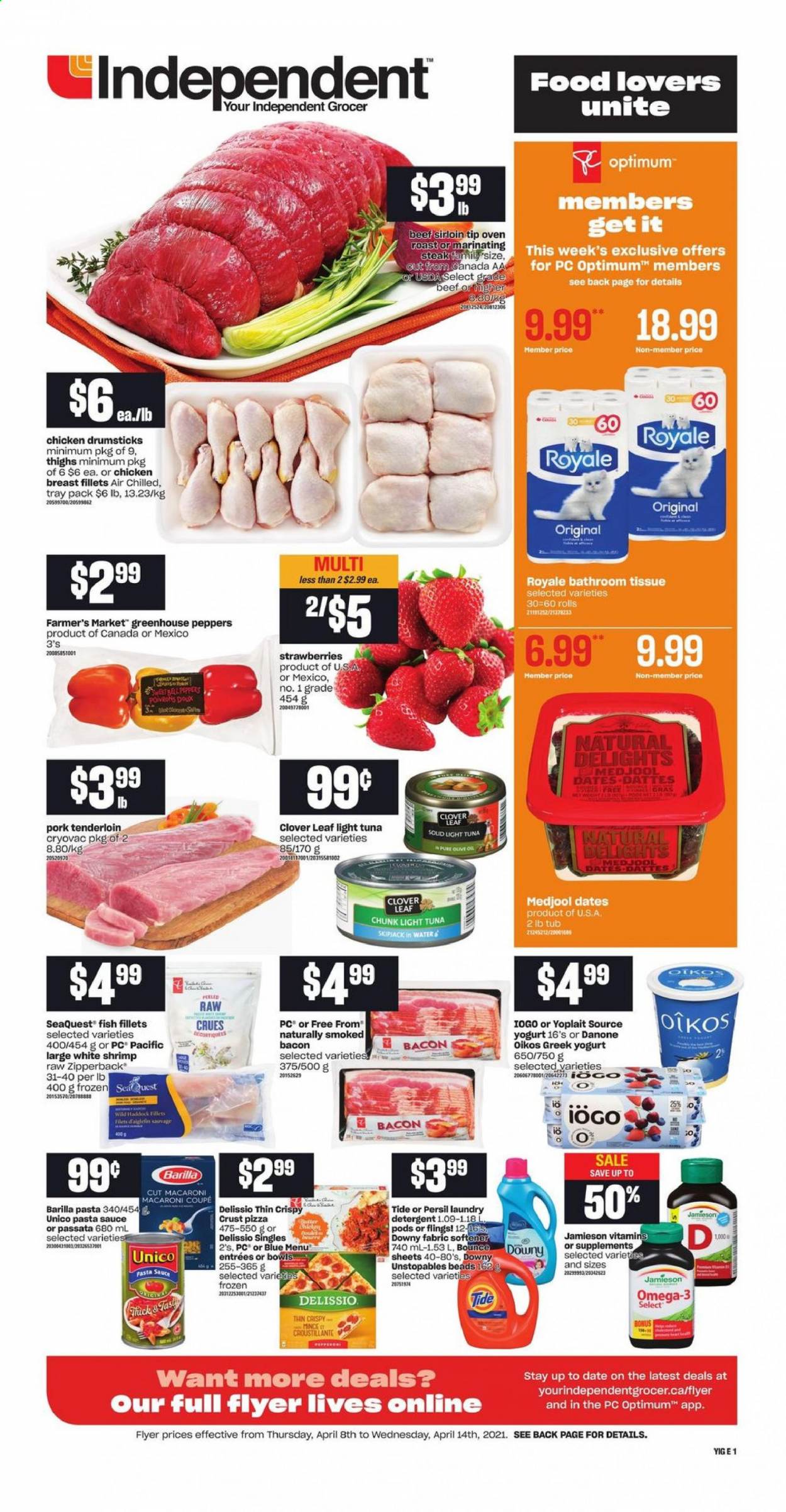 thumbnail - Independent Flyer - April 08, 2021 - April 14, 2021 - Sales products - peppers, strawberries, fish fillets, tuna, haddock, fish, shrimps, pizza, pasta sauce, macaroni, Barilla, bacon, greek yoghurt, yoghurt, Clover, Oikos, Yoplait, light tuna, dried dates, chicken breasts, chicken drumsticks, chicken, beef meat, beef sirloin, pork meat, pork tenderloin, bath tissue, Tide, Unstopables, Persil, fabric softener, laundry detergent, Bounce, Downy Laundry, Optimum, Omega-3, Danone, steak. Page 1.
