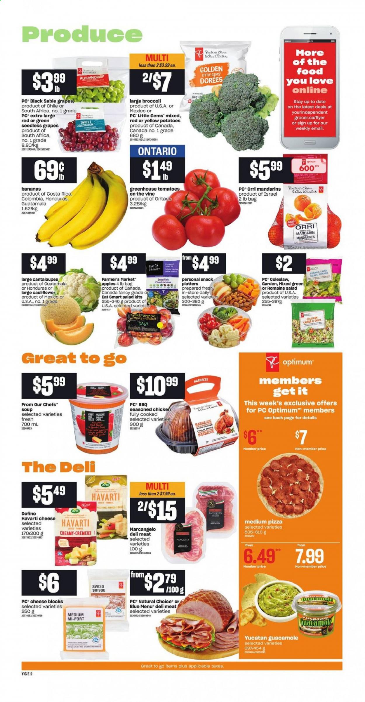 thumbnail - Independent Flyer - April 08, 2021 - April 14, 2021 - Sales products - broccoli, cantaloupe, kale, potatoes, salad, apples, bananas, Gala, grapes, mandarines, seedless grapes, coleslaw, pizza, soup, guacamole, Havarti, Arla, Optimum, tires, pancetta. Page 3.
