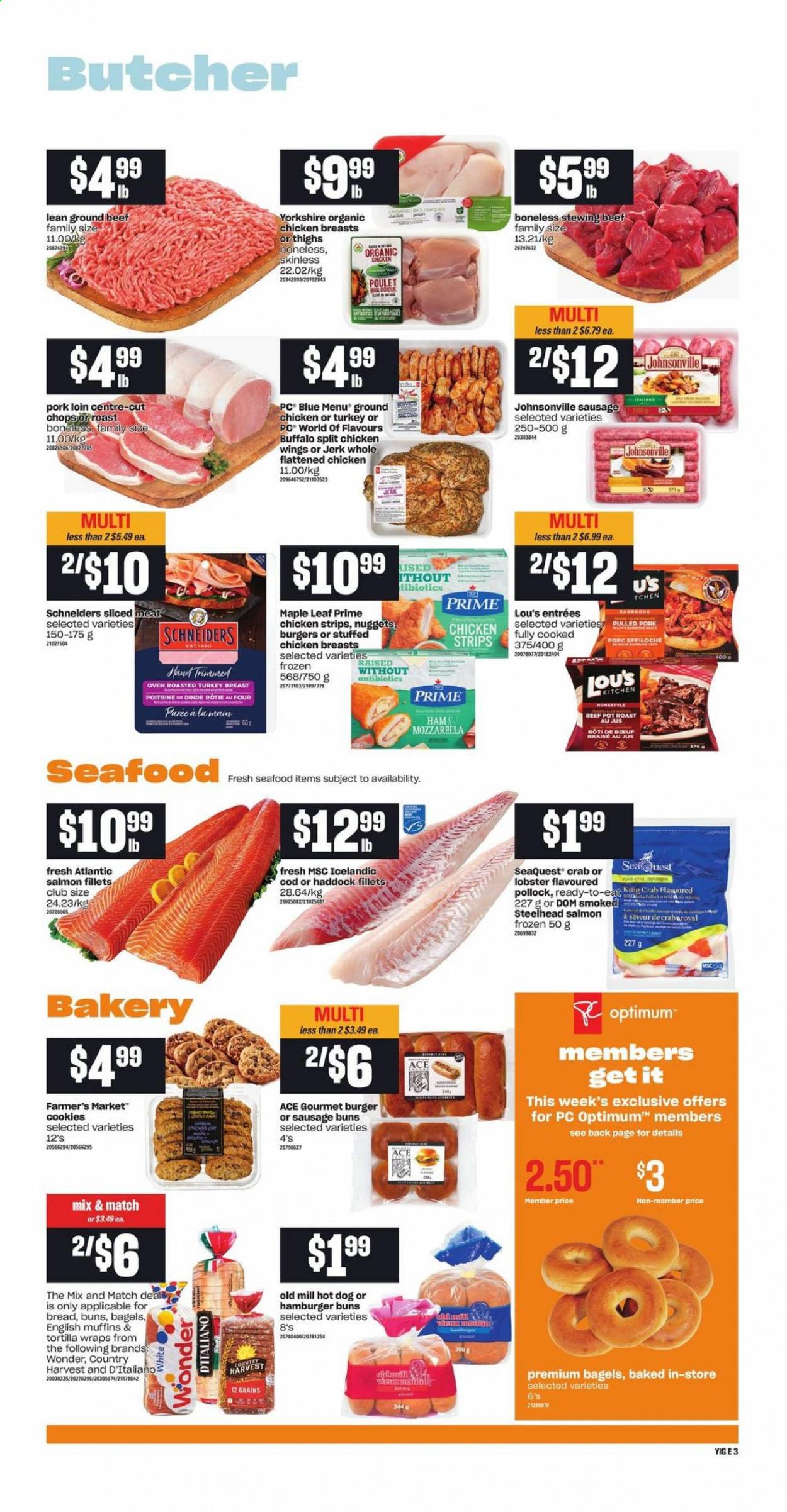 thumbnail - Independent Flyer - April 08, 2021 - April 14, 2021 - Sales products - bagels, english muffins, tortillas, buns, burger buns, Ace, wraps, cod, lobster, salmon, salmon fillet, haddock, king crab, pollock, seafood, crab, hot dog, nuggets, pulled pork, stuffed chicken, ham, Johnsonville, sausage, Country Harvest, chicken wings, strips, chicken strips, cookies, ground chicken, chicken, turkey, beef meat, ground beef, stewing beef, pork loin, pork meat, pot, Optimum, mozzarella. Page 4.
