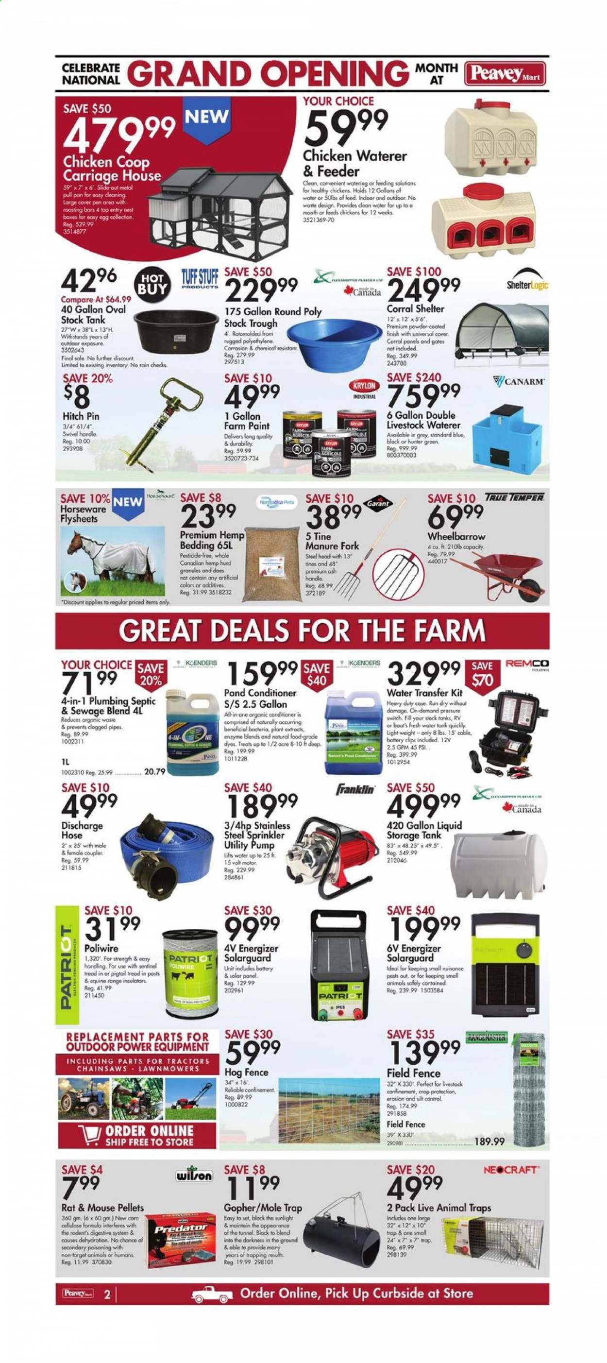 thumbnail - Peavey Mart Flyer - April 09, 2021 - April 15, 2021 - Sales products - fork, pan, pin, pen, bedding, mouse, tank, chicken coop, waterer, Wilson, water tank, paint, lawn mower, wheelbarrow, pump. Page 2.