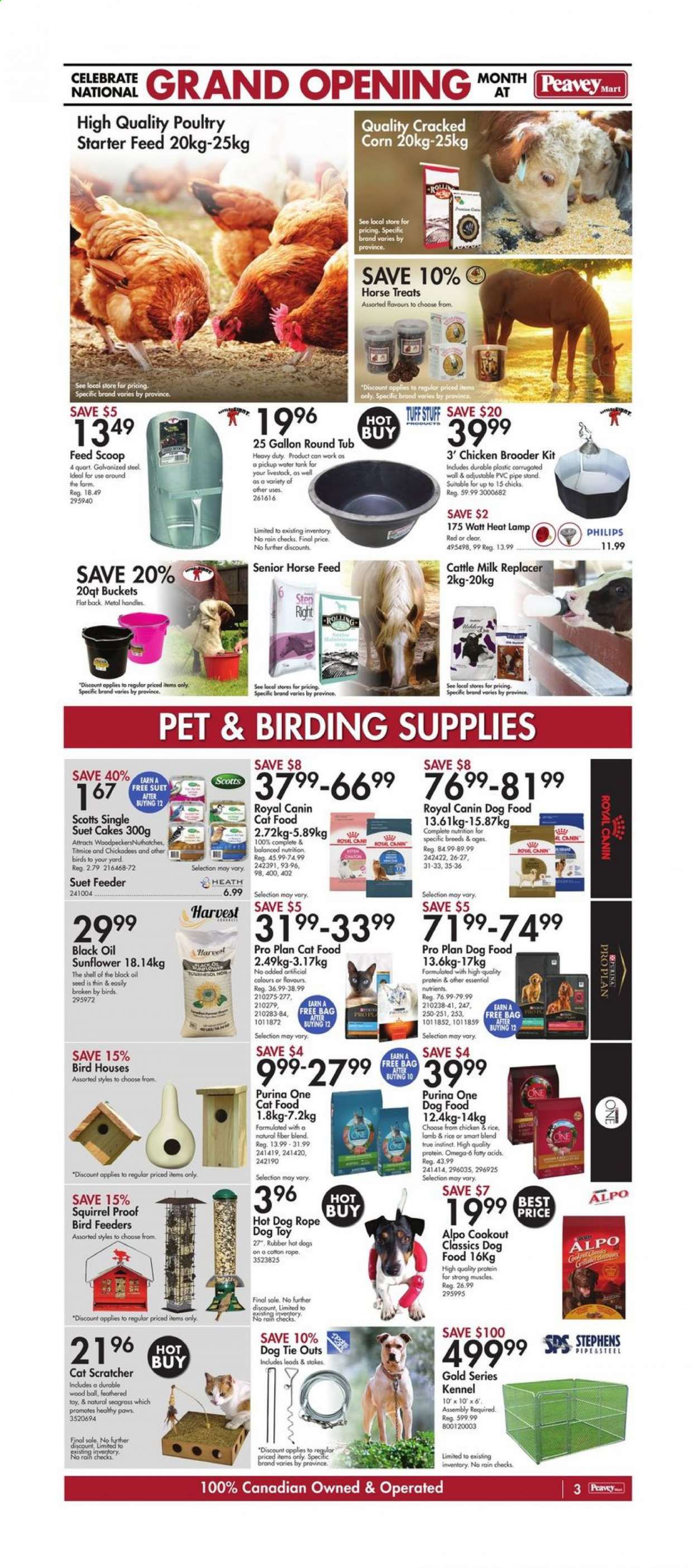 thumbnail - Peavey Mart Flyer - April 09, 2021 - April 15, 2021 - Sales products - pipe, eraser, dog toy, bird feeder, travel dog kennel, cat scratcher, tank, Paws, bird suet feeder, animal food, cat food, dog food, Royal Canin, PRO PLAN, Purina, plant seeds, Alpo, suet cakes, lamp, sunflower, starter, Shell. Page 3.