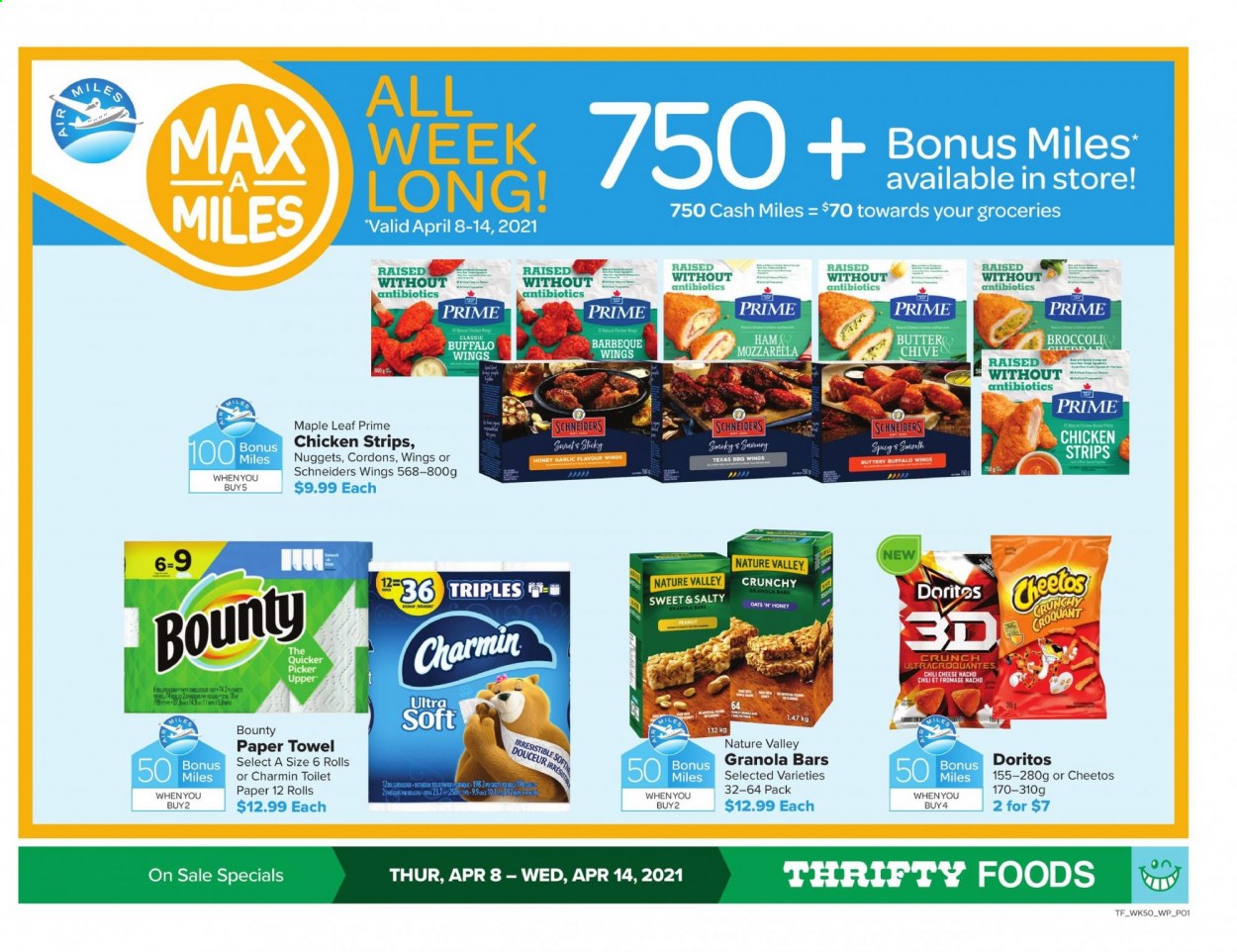 thumbnail - Thrifty Foods Flyer - April 08, 2021 - April 14, 2021 - Sales products - broccoli, garlic, nuggets, butter, strips, chicken strips, Bounty, Doritos, Cheetos, granola bar, Nature Valley, toilet paper, paper towels, Charmin, mozzarella. Page 1.