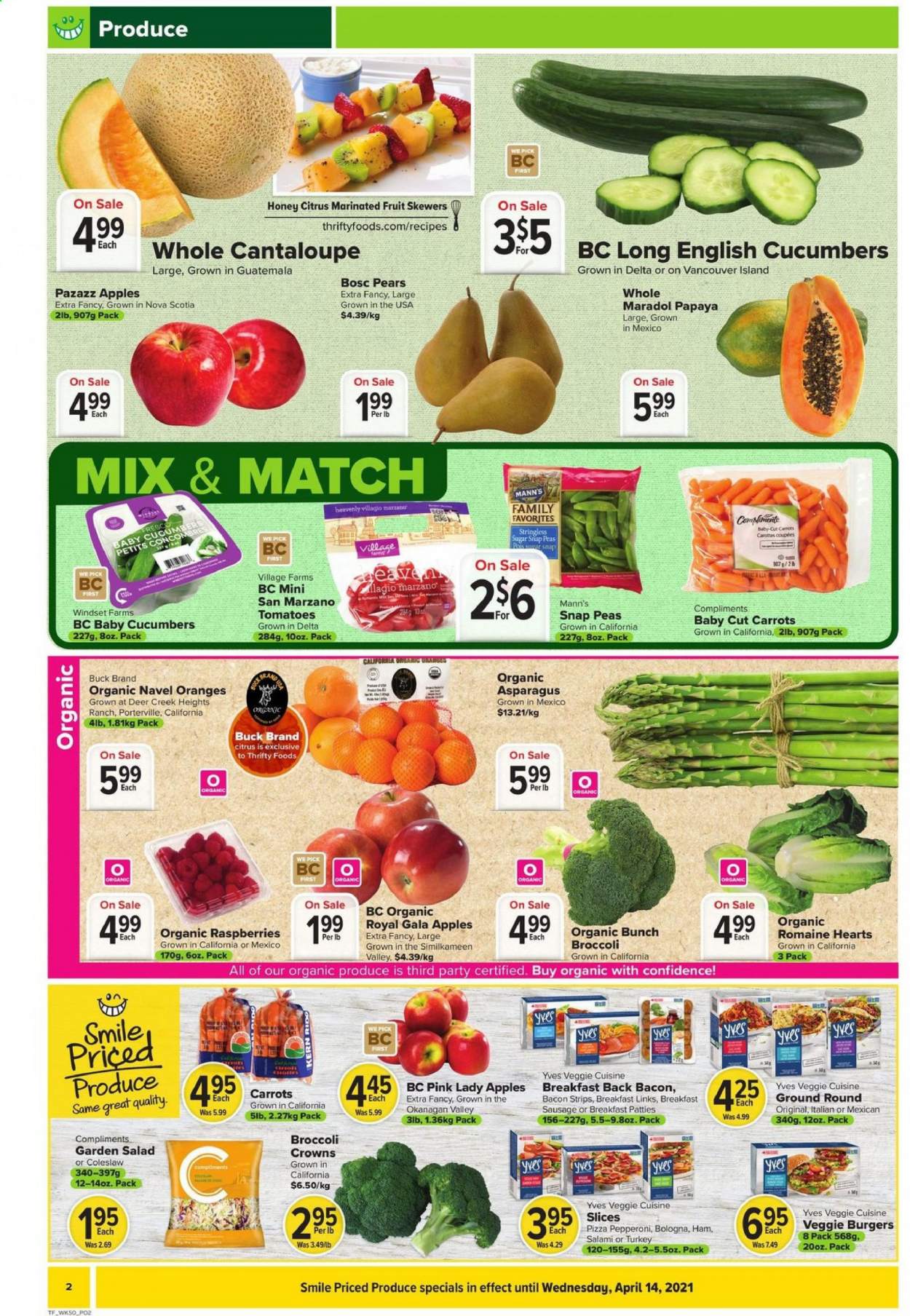 thumbnail - Thrifty Foods Flyer - April 08, 2021 - April 14, 2021 - Sales products - asparagus, cantaloupe, carrots, peas, apples, Gala, papaya, pears, Pink Lady, navel oranges, coleslaw, pizza, veggie burger, bacon, salami, ham, bologna sausage, sausage, pepperoni, snap peas, strips, sugar, honey. Page 2.