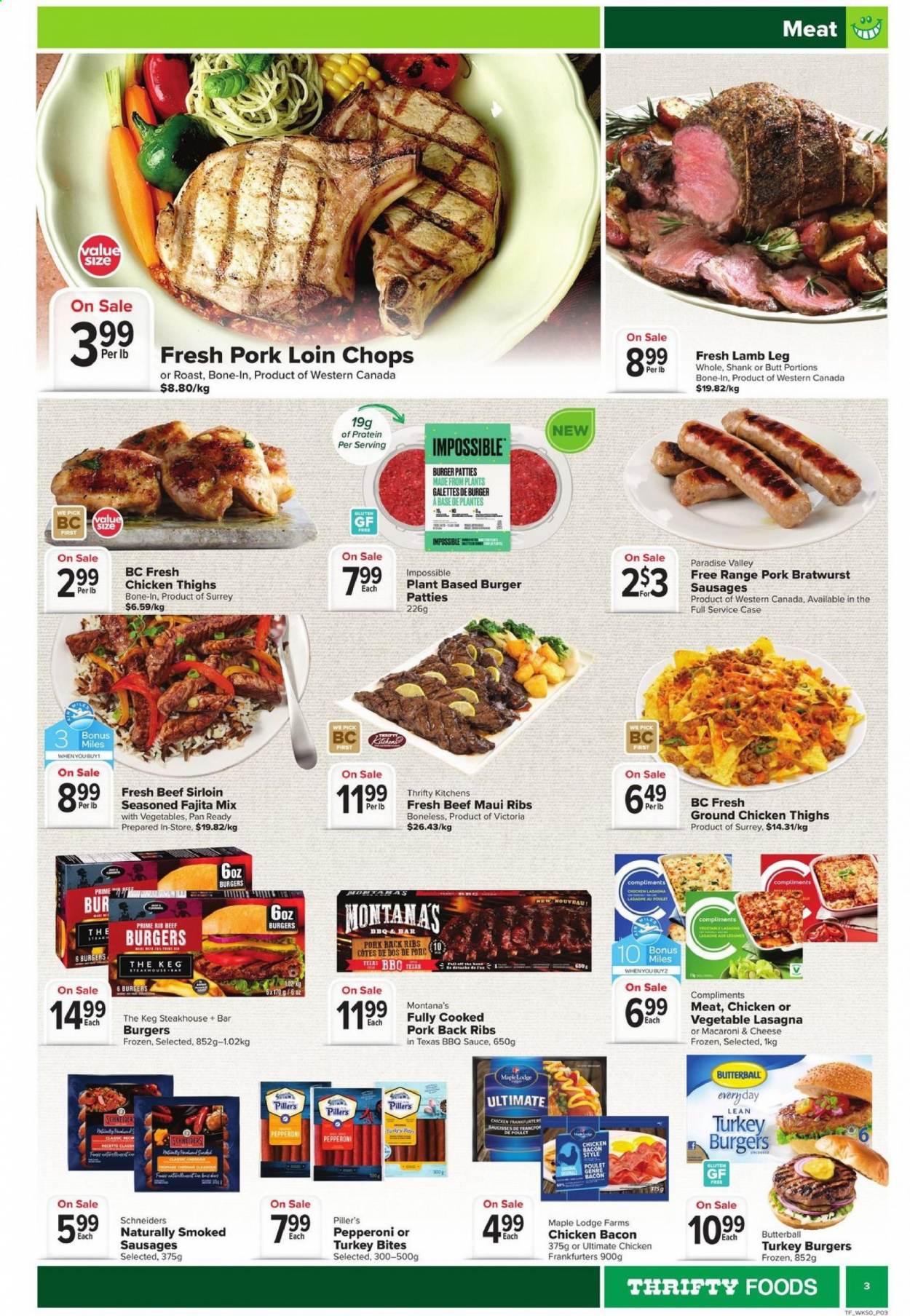 thumbnail - Thrifty Foods Flyer - April 08, 2021 - April 14, 2021 - Sales products - macaroni & cheese, pasta, sauce, veggie burger, beef burger, lasagna meal, burger patties, fajita mix, roast, ready meal, plant based ready meal, plant based product, bacon, Butterball, bratwurst, sausage, smoked sausage, pepperoni, chicken frankfurters, frankfurters, bars, BBQ sauce, ground chicken, chicken thighs, chicken, beef meat, beef sirloin, turkey burger, pork chops, pork loin, lamb meat, lamb leg. Page 3.