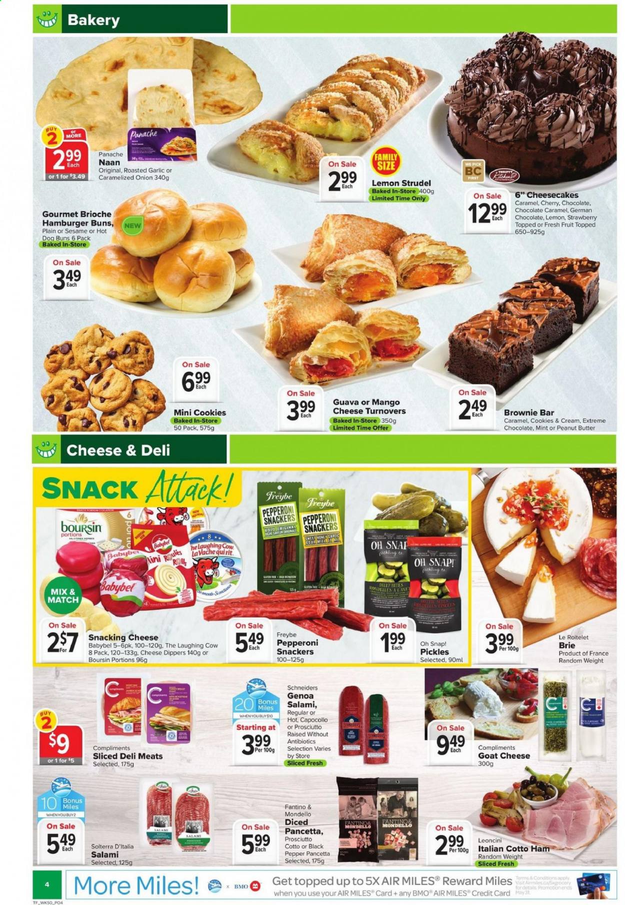 thumbnail - Thrifty Foods Flyer - April 08, 2021 - April 14, 2021 - Sales products - strudel, buns, burger buns, brioche, turnovers, brownies, onion, guava, mango, cherries, salami, ham, pepperoni, goat cheese, brie, The Laughing Cow, Babybel, cookies, chocolate, snack, pickles, dill, black pepper, caramel, peanut butter, pancetta. Page 4.