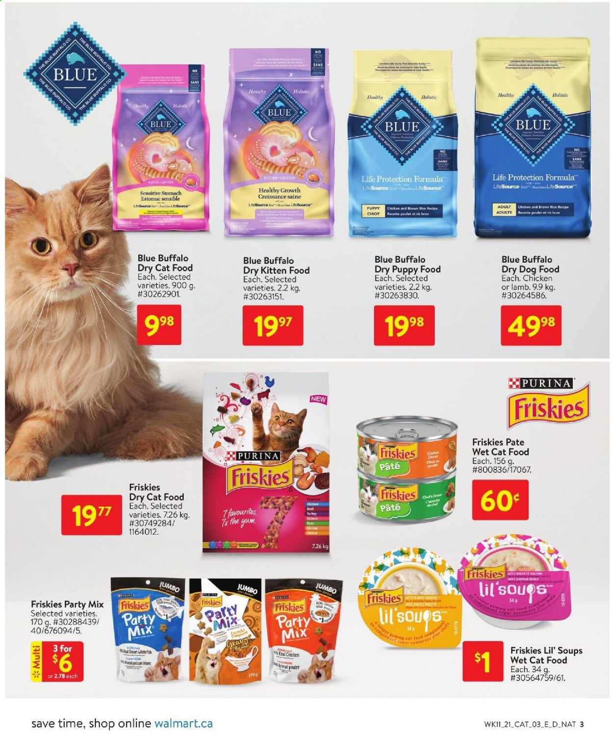 thumbnail - Walmart Flyer - April 08, 2021 - April 21, 2021 - Sales products - cheese, bouillon, broth, animal food, Blue Buffalo, cat food, dog food, Purina, dry dog food, dry cat food, Friskies, wet cat food. Page 3.