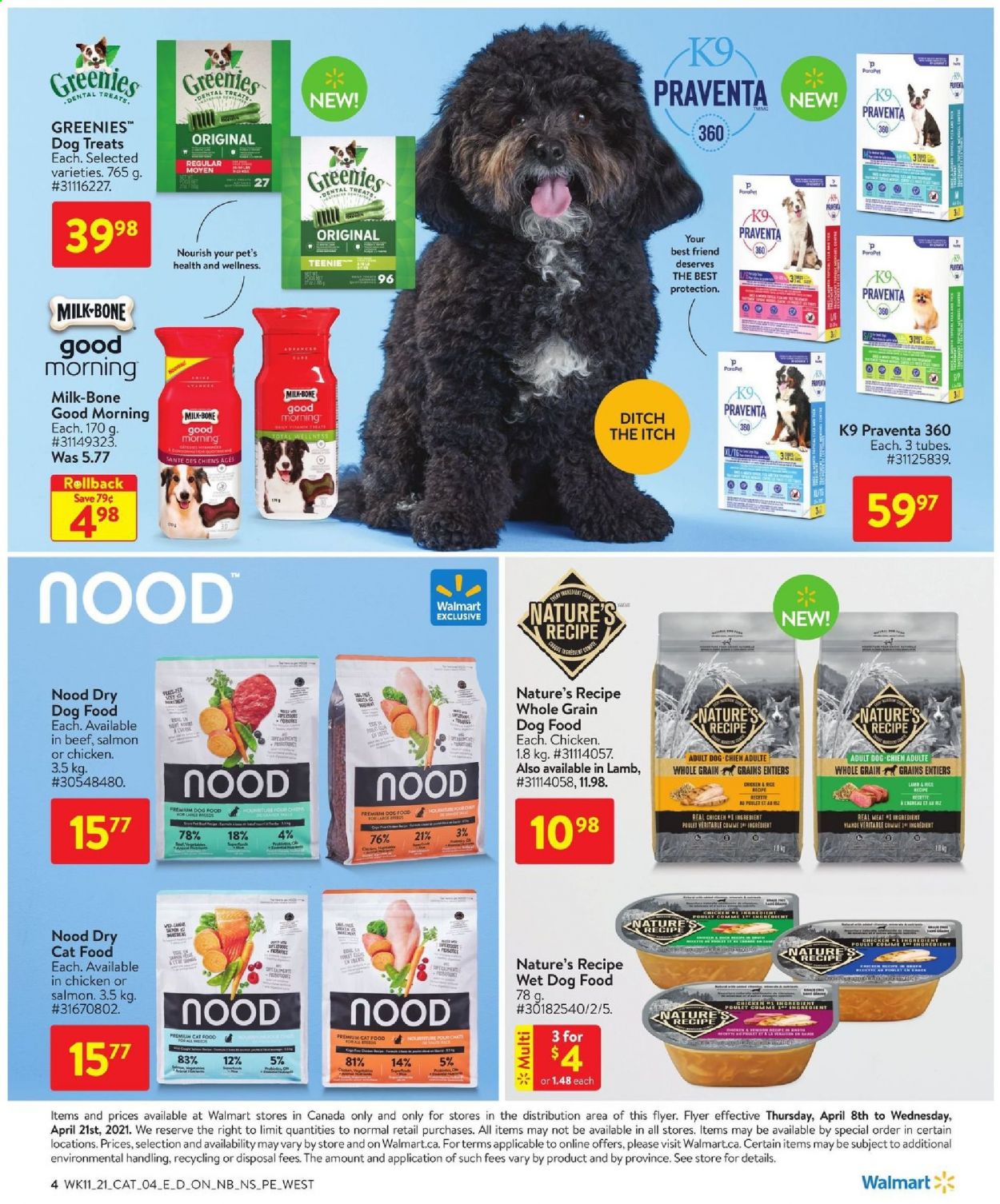 thumbnail - Walmart Flyer - April 08, 2021 - April 21, 2021 - Sales products - milk, tea, Greenies, animal food, cat food, dental treats, dog food, wet dog food, dry dog food, dry cat food, cap. Page 4.