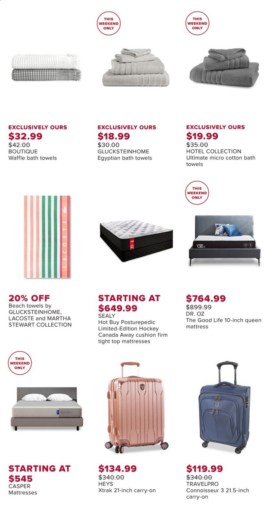thumbnail - Hudson's Bay Flyer - Sales products - cushion, bath towel, beach towel, mattress, Lacoste, Travelpro. Page 4.