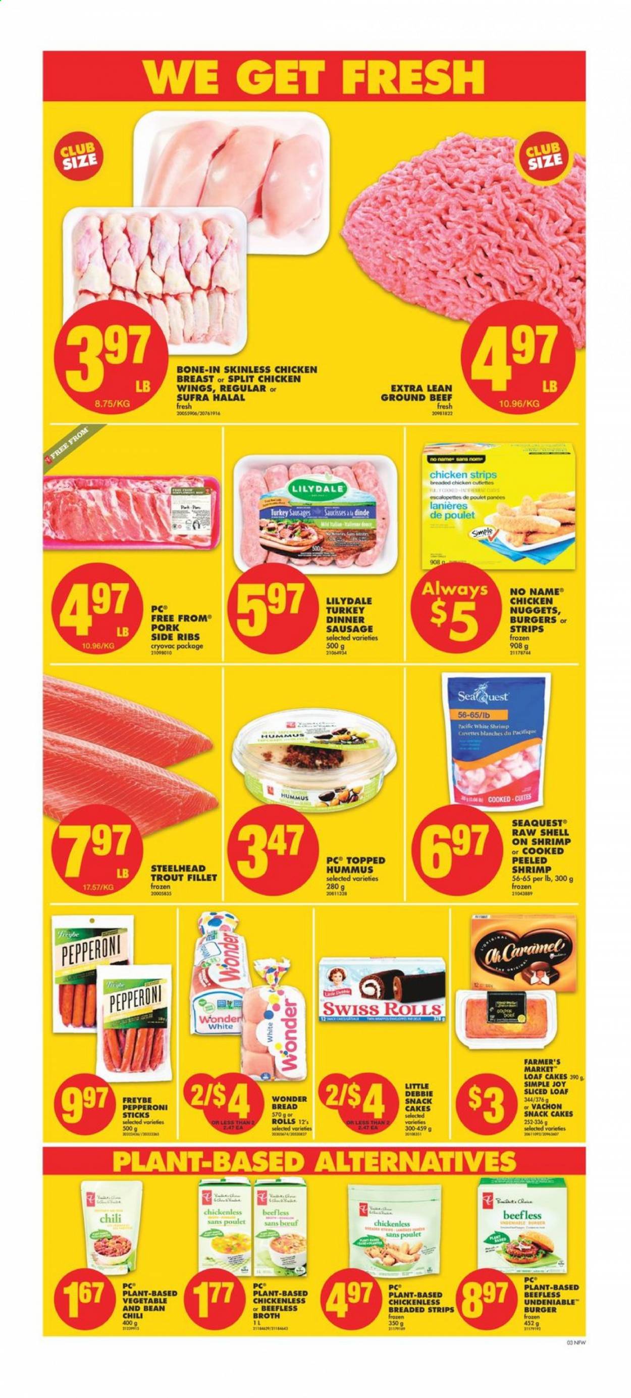 thumbnail - No Frills Flyer - April 09, 2021 - April 15, 2021 - Sales products - bread, cake, trout, No Name, nuggets, hamburger, fried chicken, chicken nuggets, sausage, pepperoni, hummus, chicken wings, strips, chicken strips, snack, broth, chicken, beef meat, ground beef, Joy. Page 4.
