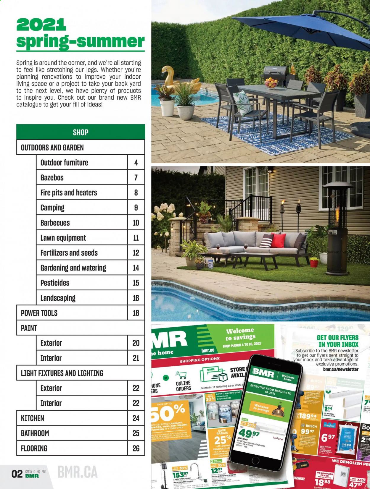 thumbnail - BMR Flyer - April 08, 2021 - August 31, 2021 - Sales products - outdoor furniture, faucet, paint, Bosch, water softener, DeWALT, power tools, gazebo. Page 2.