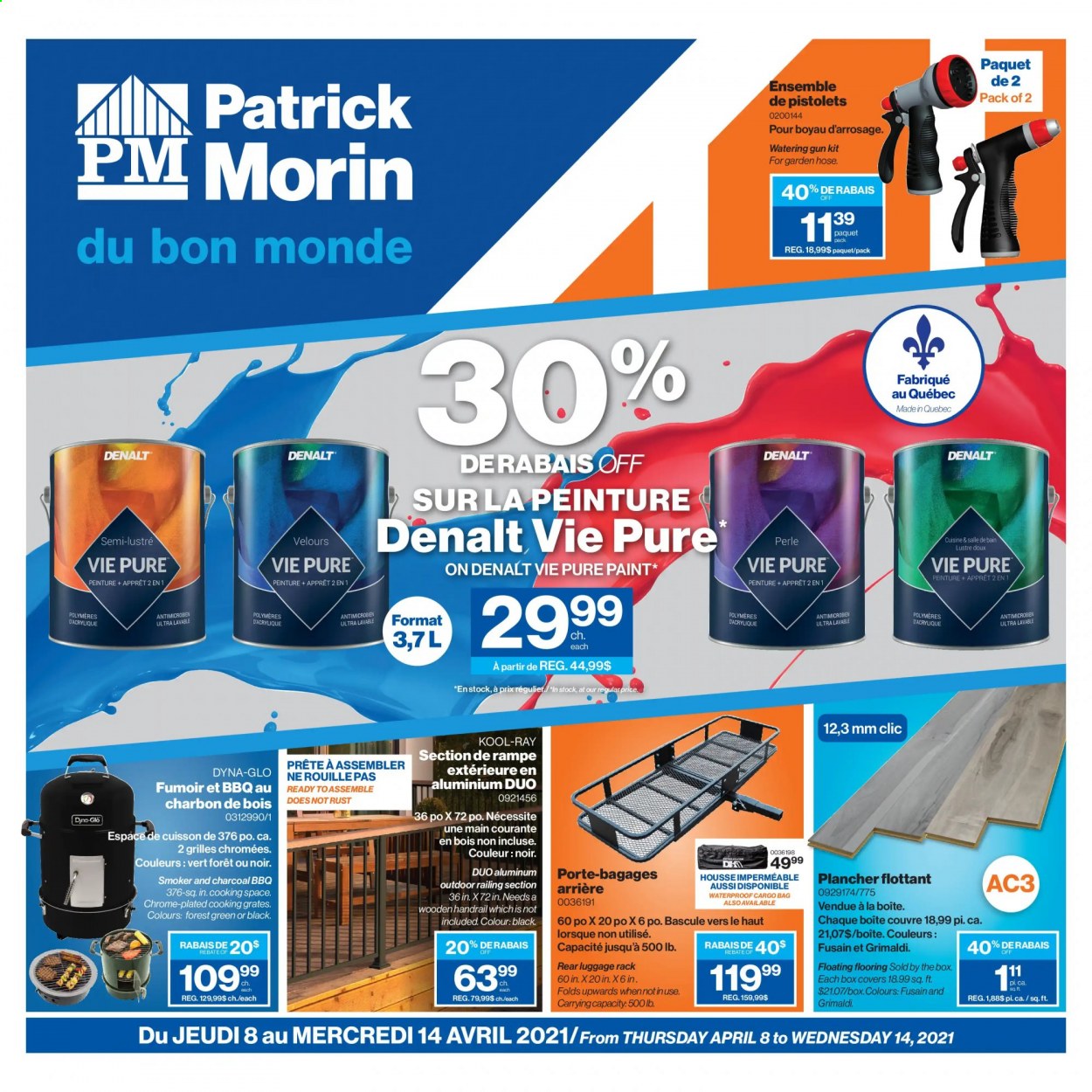 thumbnail - Patrick Morin Flyer - April 08, 2021 - April 14, 2021 - Sales products - bag, paint, flooring, smoker, garden hose. Page 1.
