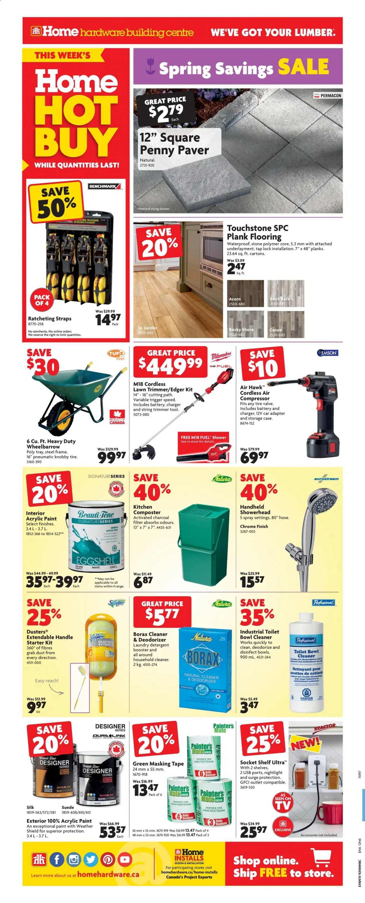 thumbnail - Home Hardware Building Centre Flyer - April 08, 2021 - April 14, 2021 - Sales products - cleaner, toilet bowl, shelves, toilet, showerhead, masking tape, paint, socket, flooring, Milwaukee, string trimmer, blower, wheelbarrow, air compressor. Page 2.