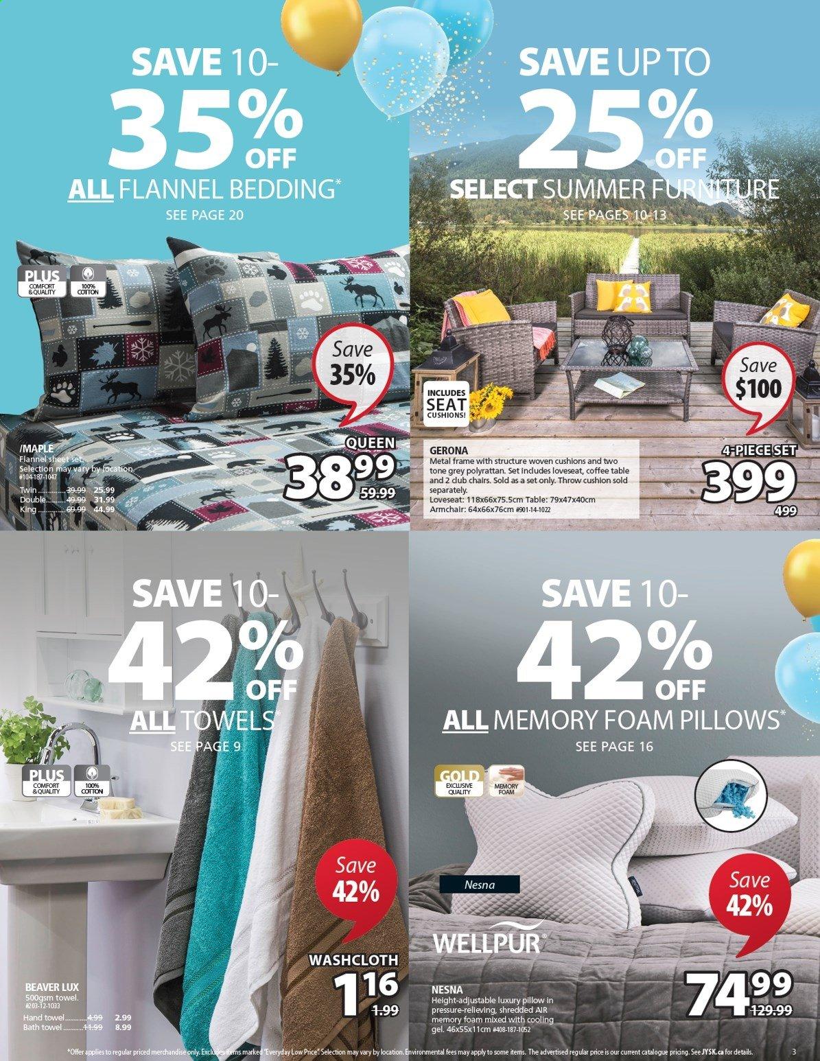 thumbnail - JYSK Flyer - April 08, 2021 - April 14, 2021 - Sales products - bedding, cushion, pillow, foam pillow, bath towel, towel, washcloth, hand towel, table, chair, arm chair, loveseat, coffee table, metal frame. Page 3.