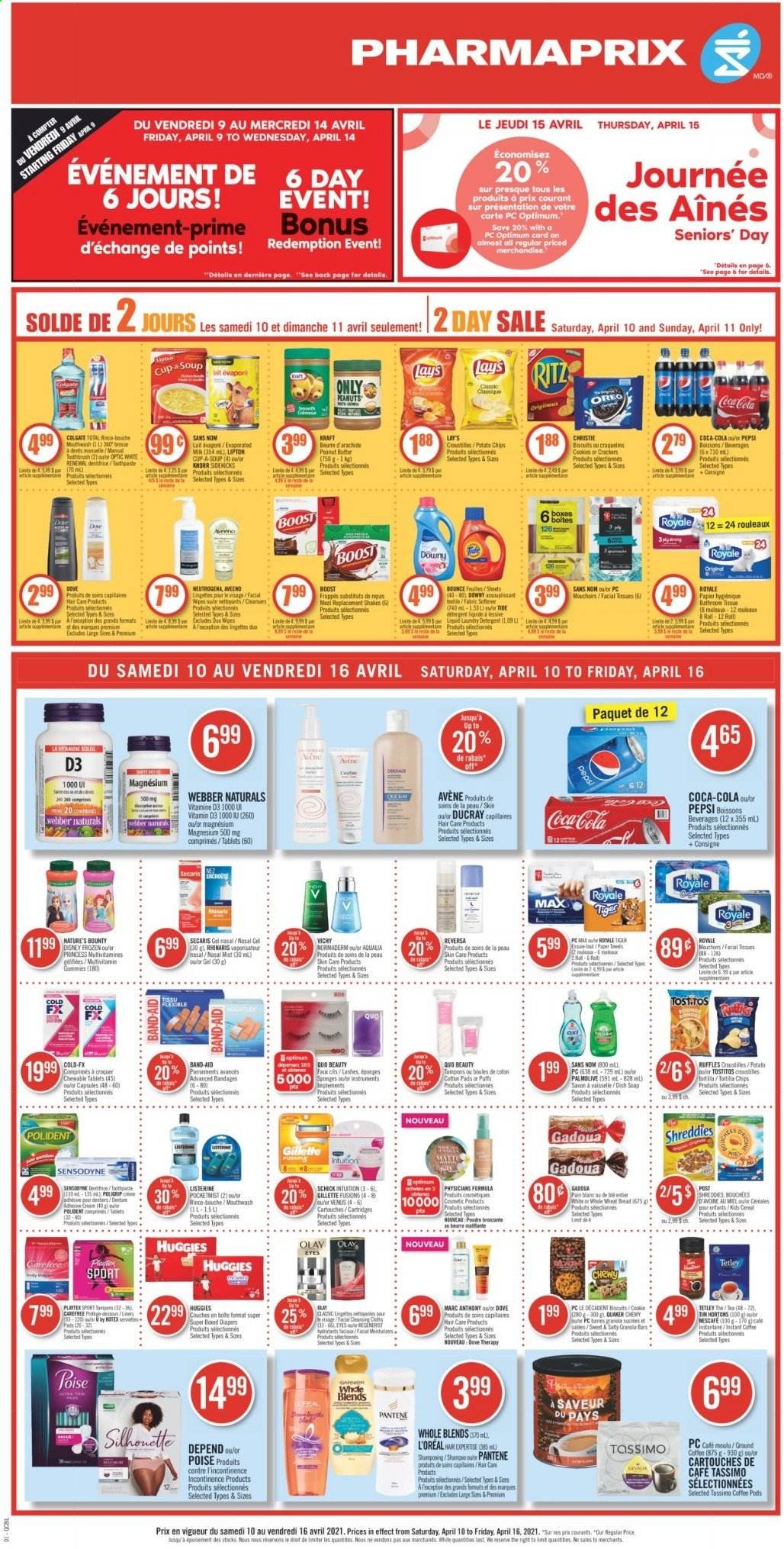 thumbnail - Pharmaprix Flyer - April 10, 2021 - April 16, 2021 - Sales products - wheat bread, puffs, soup, Quaker, Kraft®, Disney, shake, cookies, crackers, biscuit, RITZ, tortilla chips, potato chips, Lay’s, Ruffles, Tostitos, cereals, peanut butter, peanuts, Coca-Cola, Pepsi, Boost, coffee pods, ground coffee, wipes, nappies, Aveeno, tissues, Tide, fabric softener, laundry detergent, Vichy, soap, toothbrush, mouthwash, Polident, Playtex, Carefree, Kotex, tampons, facial tissues, L’Oréal, Olay, Schick, Venus, cup, princess, magnesium, multivitamin, Nature's Bounty, vitamin D3, Knorr, Oreo, Gillette, granola, Listerine, Neutrogena, Huggies, Pantene, Sensodyne, Nescafé. Page 1.
