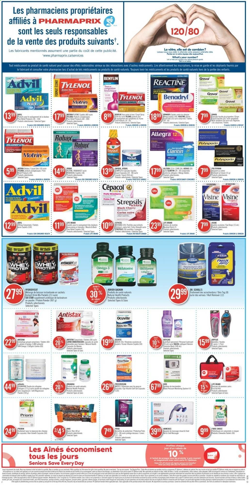 thumbnail - Pharmaprix Flyer - April 10, 2021 - April 16, 2021 - Sales products - ginger, cherries, pastilles, syrup, Johnson's, lubricant, massager, Prenatal, pain relief, DayQuil, glucosamine, magnesium, Tylenol, NyQuil, Omega-3, eye drops, Advil Rapid, whey protein, Strepsils, spirulina, Bayer, Benylin, Motrin, Dr. Scholl's. Page 2.