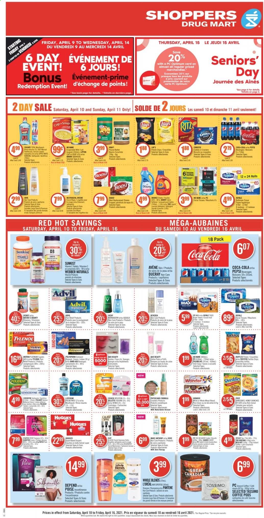 thumbnail - Shoppers Drug Mart Flyer - April 10, 2021 - April 16, 2021 - Sales products - cookies, crackers, biscuit, RITZ, tortilla chips, potato chips, Lay’s, Ruffles, Tostitos, soup, cereals, puffs, Quaker, Kraft®, peanut butter, peanuts, Coca-Cola, Pepsi, Boost, tea, coffee pods, ground coffee, wipes, nappies, Aveeno, Disney, ointment, bath tissue, kitchen towels, paper towels, Tide, fabric softener, laundry detergent, Bounce, Downy Laundry, Vichy, Palmolive, toothbrush, mouthwash, Polident, Playtex, Carefree, Kotex, Kotex pads, tampons, facial tissues, L’Oréal, Olay, Schick, Venus, bronzing powder, pain relief, Nature's Bounty, Tylenol, vitamin c, Advil Rapid, vitamin D3, Motrin, Oreo, Knorr, Gillette, granola, Listerine, Neutrogena, Huggies, Pantene, chips, Sensodyne, Nescafé. Page 1.