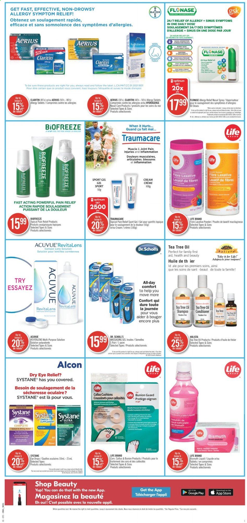 thumbnail - Shoppers Drug Mart Flyer - April 10, 2021 - April 16, 2021 - Sales products - corn, Ace, oil, tea, gel cream, conditioner, Sure, pain relief, Omega-3, eye drops, tea tree oil, laxative, one daily, Bayer, nasal spray, allergy relief, Dr. Scholl's, shampoo, Systane. Page 9.
