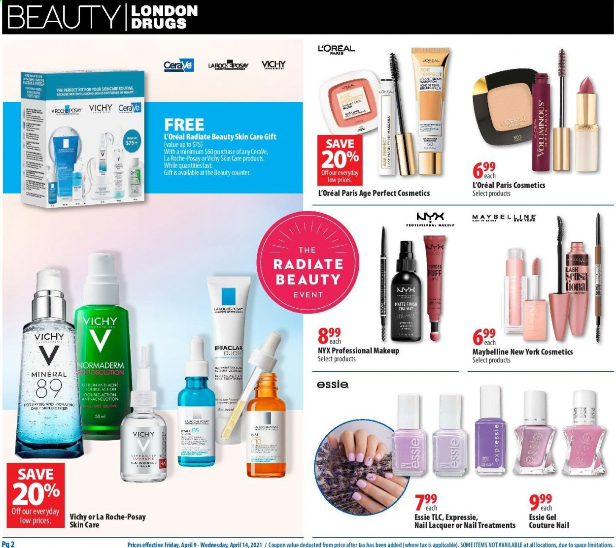 thumbnail - London Drugs Flyer - April 09, 2021 - April 14, 2021 - Sales products - Vichy, CeraVe, L’Oréal, La Roche-Posay, serum, NYX Cosmetics, body lotion, makeup, mascara, Maybelline. Page 2.
