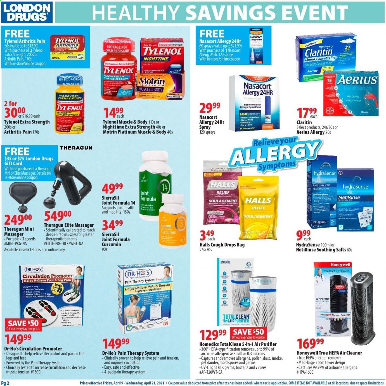 thumbnail - London Drugs Flyer - April 09, 2021 - April 21, 2021 - Sales products - Halls, cleaner, bag, pan, Honeywell, TV, air purifier, massager, Tylenol, cough drops, Motrin. Page 2.