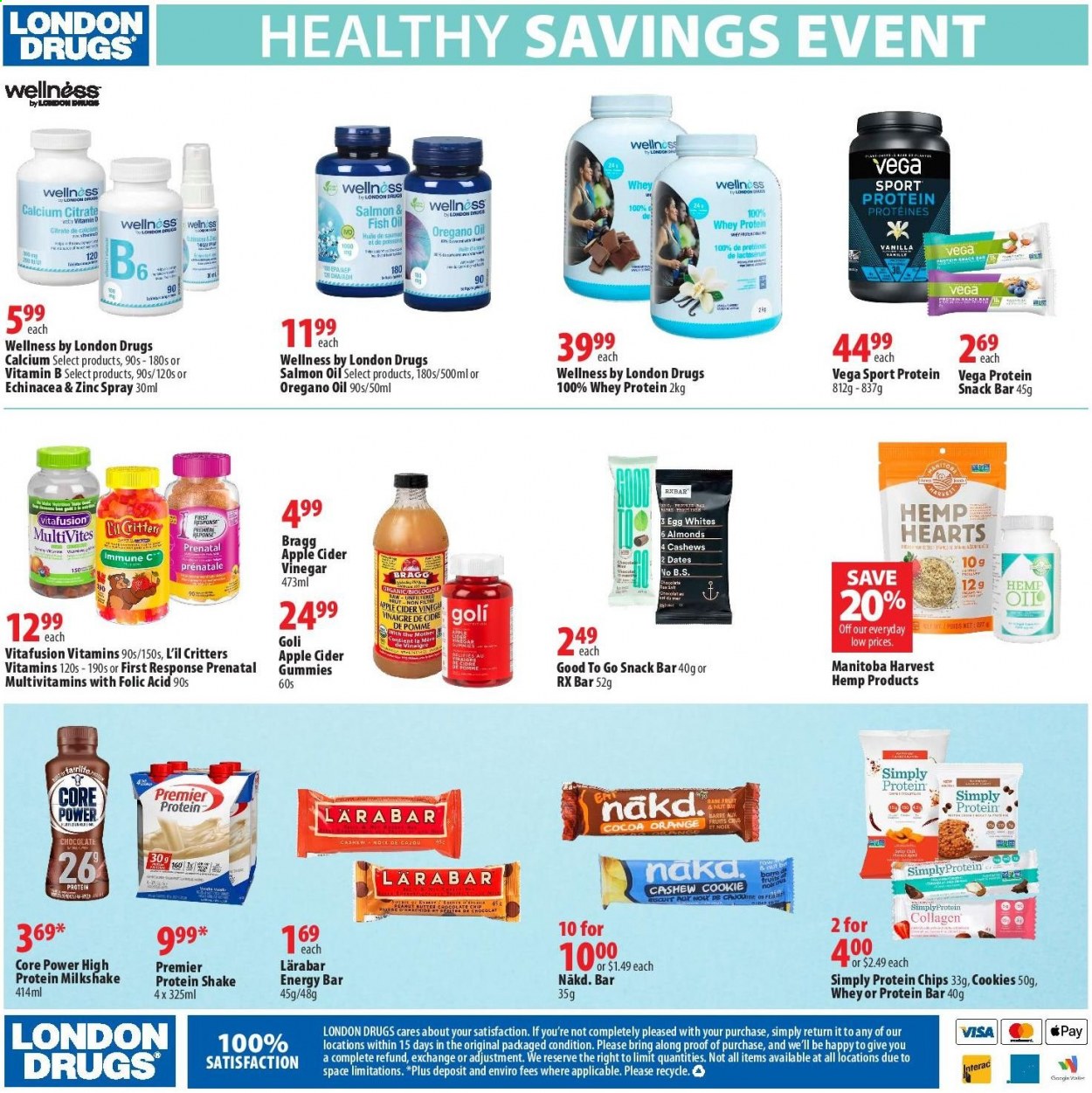 thumbnail - London Drugs Flyer - April 09, 2021 - April 21, 2021 - Sales products - cookies, chocolate, snack bar, cocoa, salt, protein bar, protein snack, apple cider vinegar, Prenatal, fish oil, multivitamin, Vitafusion, whey protein, chips. Page 4.