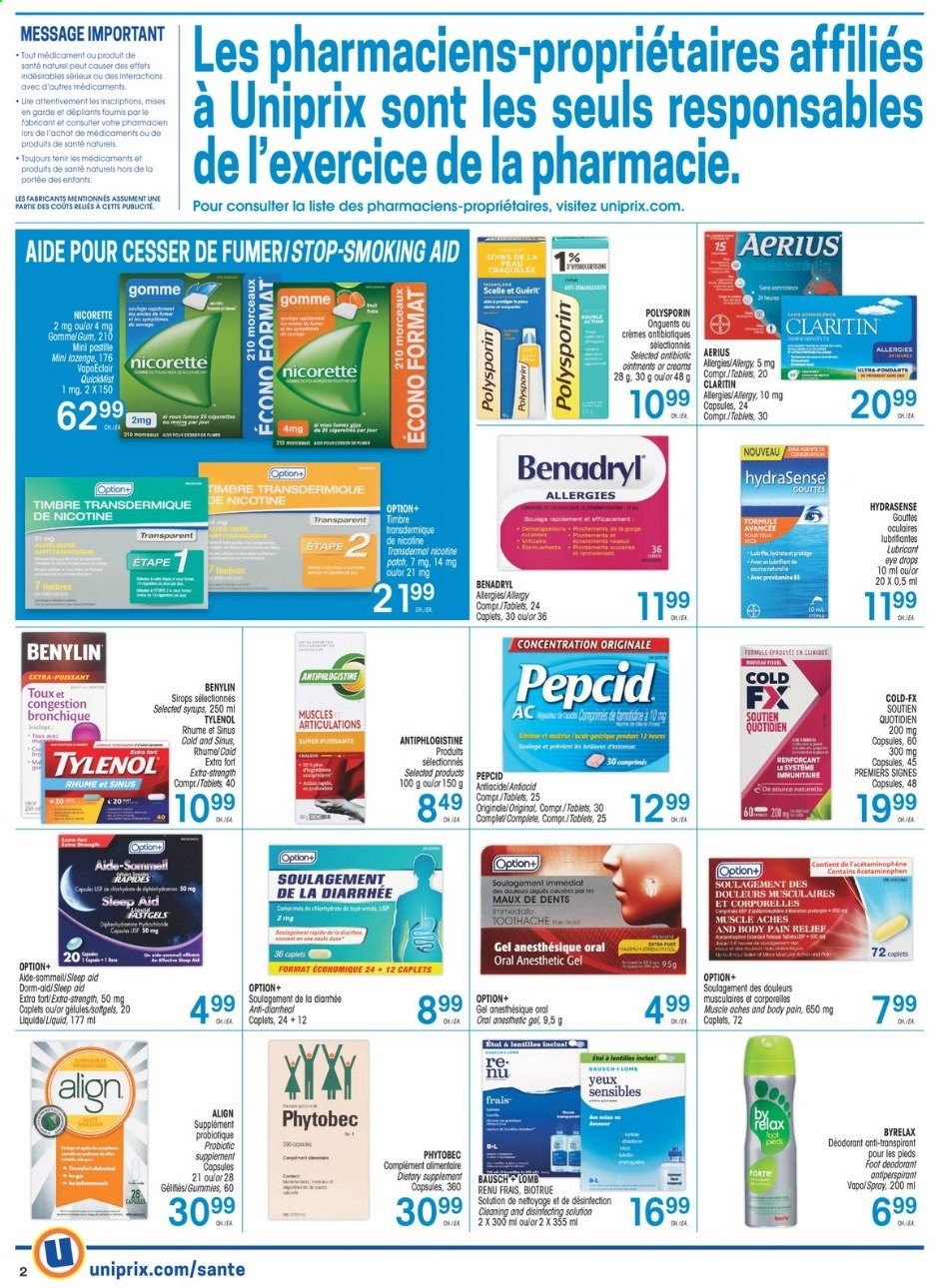 thumbnail - Uniprix Santé Flyer - April 08, 2021 - April 14, 2021 - Sales products - anti-perspirant, lubricant, pain relief, Nicorette, Tylenol, Pepcid, Biotrue, eye drops, Benylin, dietary supplement, deodorant. Page 2.