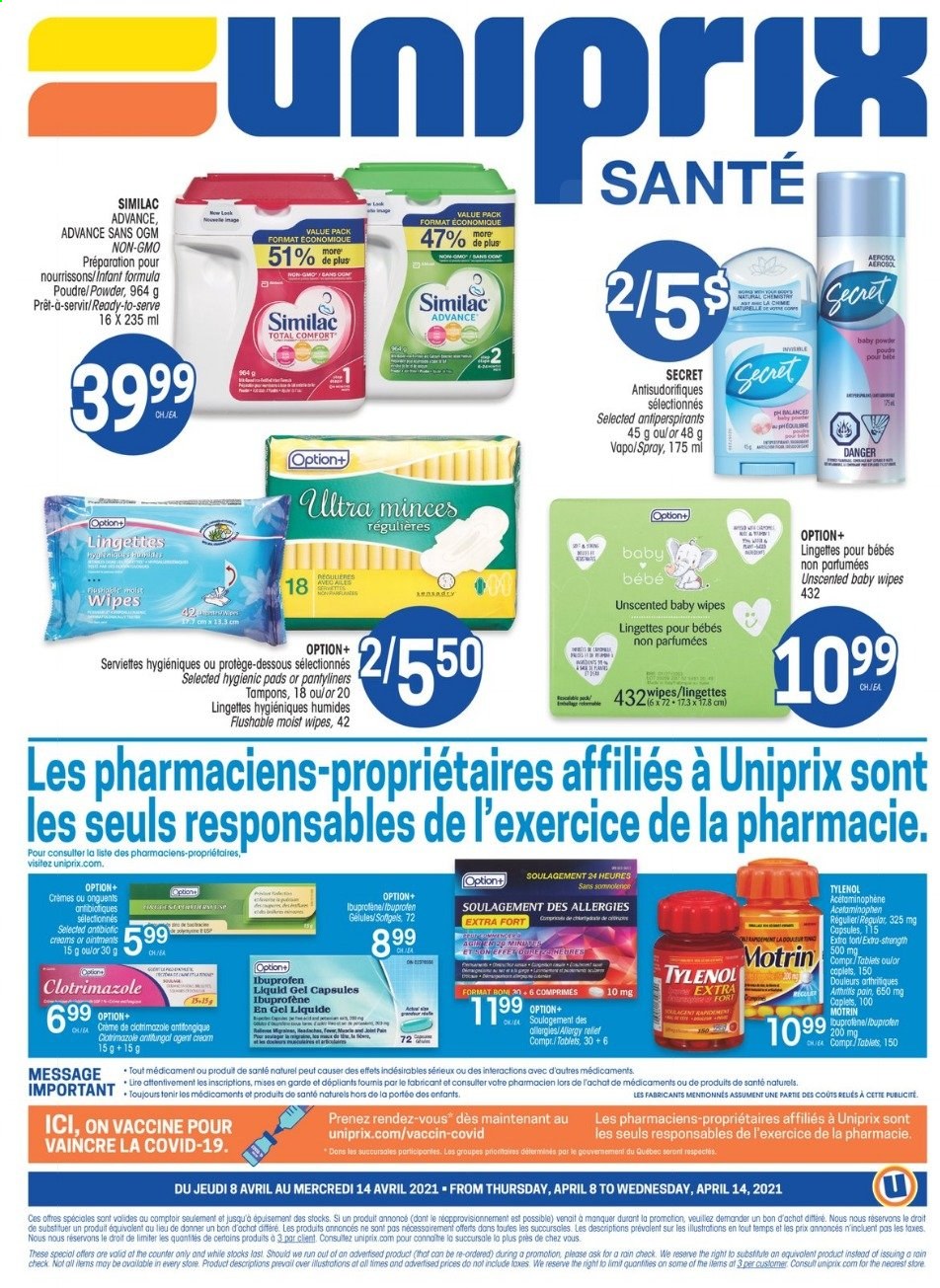 thumbnail - Uniprix Santé Flyer - April 08, 2021 - April 14, 2021 - Sales products - Similac, wipes, baby wipes, baby powder, pantyliners, tampons, Tylenol, Ibuprofen, Motrin. Page 4.
