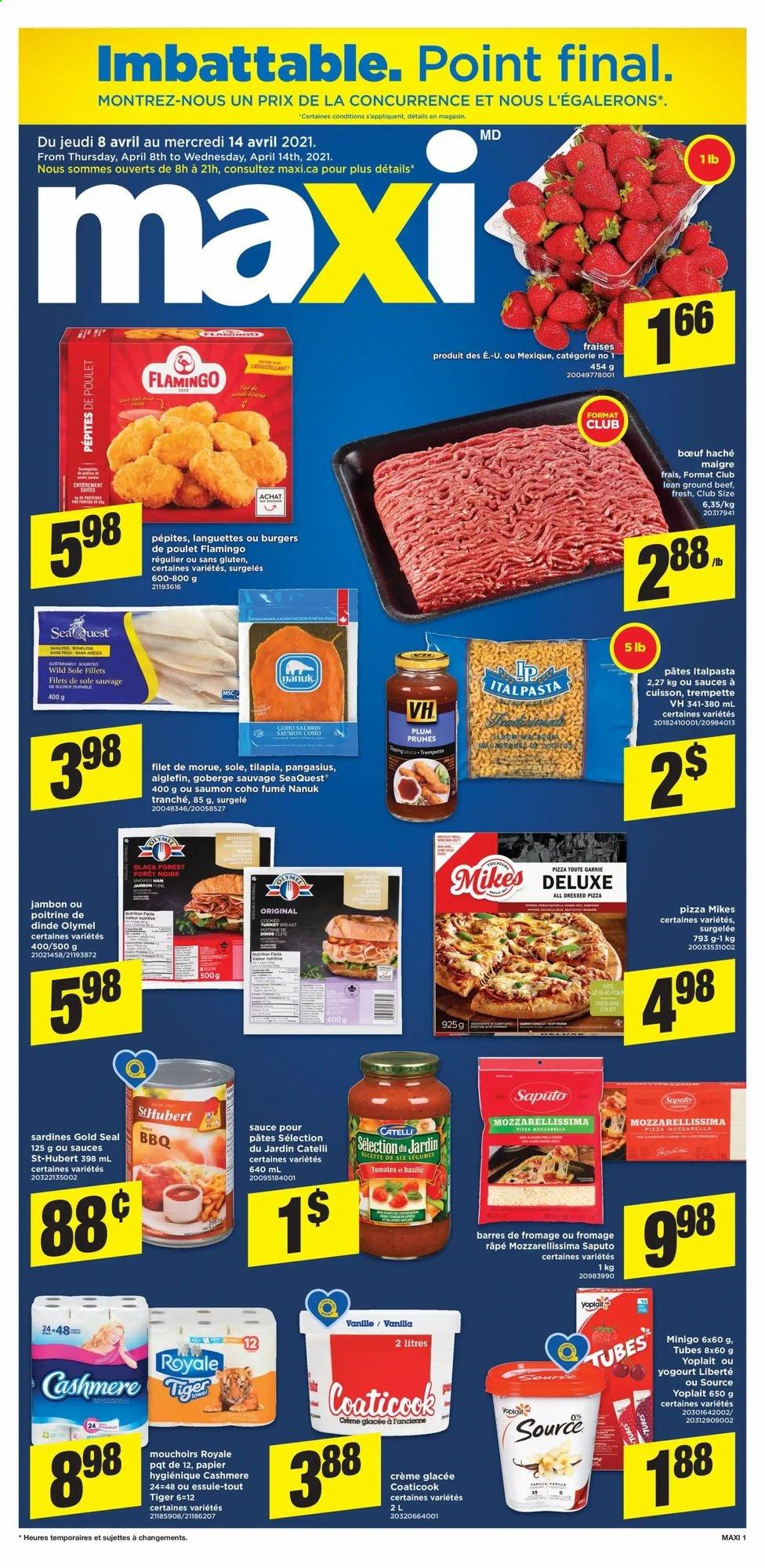 thumbnail - Maxi & Cie Flyer - April 08, 2021 - April 14, 2021 - Sales products - sardines, tilapia, pangasius, pizza, hamburger, Yoplait, prunes, dried fruit, beef meat, ground beef. Page 1.