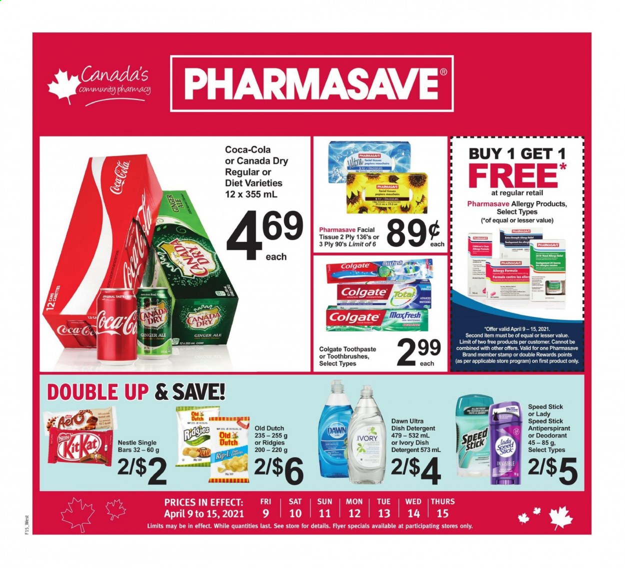 thumbnail - Pharmasave Flyer - April 09, 2021 - April 15, 2021 - Sales products - Canada Dry, Coca-Cola, ginger ale, tissues, toothpaste, facial tissues, anti-perspirant, Speed Stick, allergy relief, Nestlé, deodorant. Page 1.
