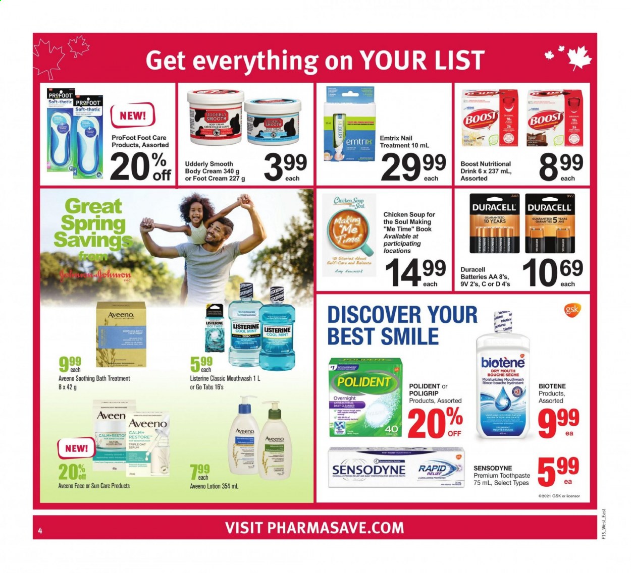 thumbnail - Pharmasave Flyer - April 09, 2021 - April 15, 2021 - Sales products - soup, oats, Boost, Aveeno, Biotene, toothpaste, mouthwash, Polident, cleanser, moisturizer, serum, body lotion, foot care, battery, Duracell, book, Listerine, Sensodyne. Page 4.