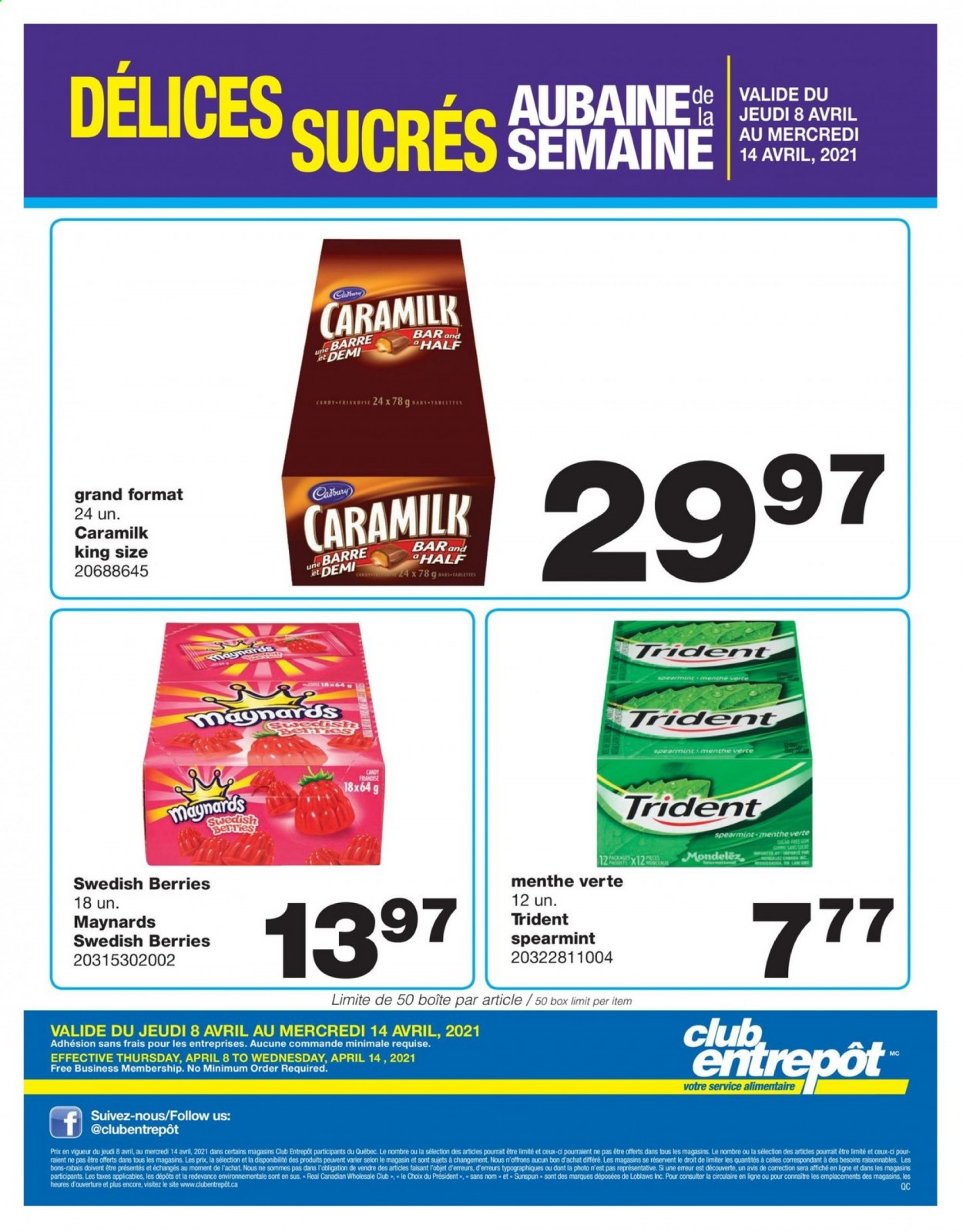 thumbnail - Wholesale Club Flyer - April 08, 2021 - April 14, 2021 - Sales products - Président, Cadbury, Trident. Page 1.