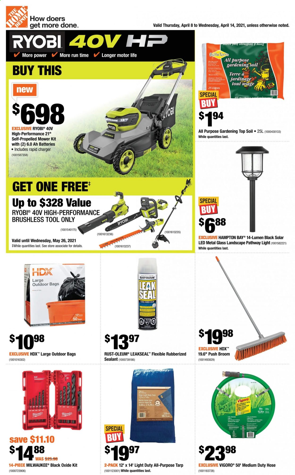 thumbnail - The Home Depot Flyer - April 08, 2021 - April 14, 2021 - Sales products - broom, bag, eraser, solar led, Milwaukee, Ryobi, garden hose. Page 1.