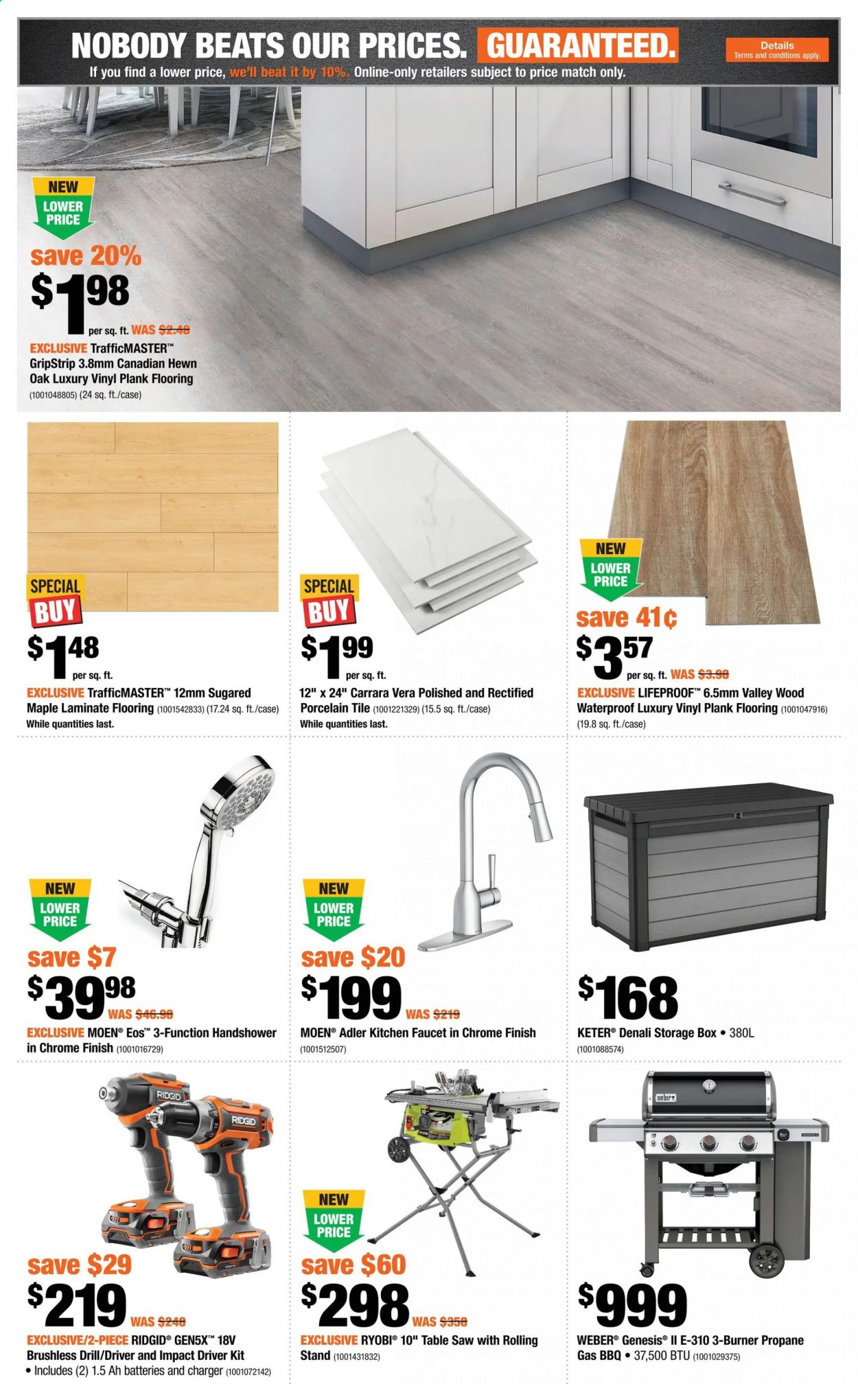 thumbnail - The Home Depot Flyer - April 08, 2021 - April 14, 2021 - Sales products - table, faucet, flooring, laminate floor, vinyl, porcelain tile, drill, impact driver, Ridgid, Ryobi, saw, Weber. Page 2.