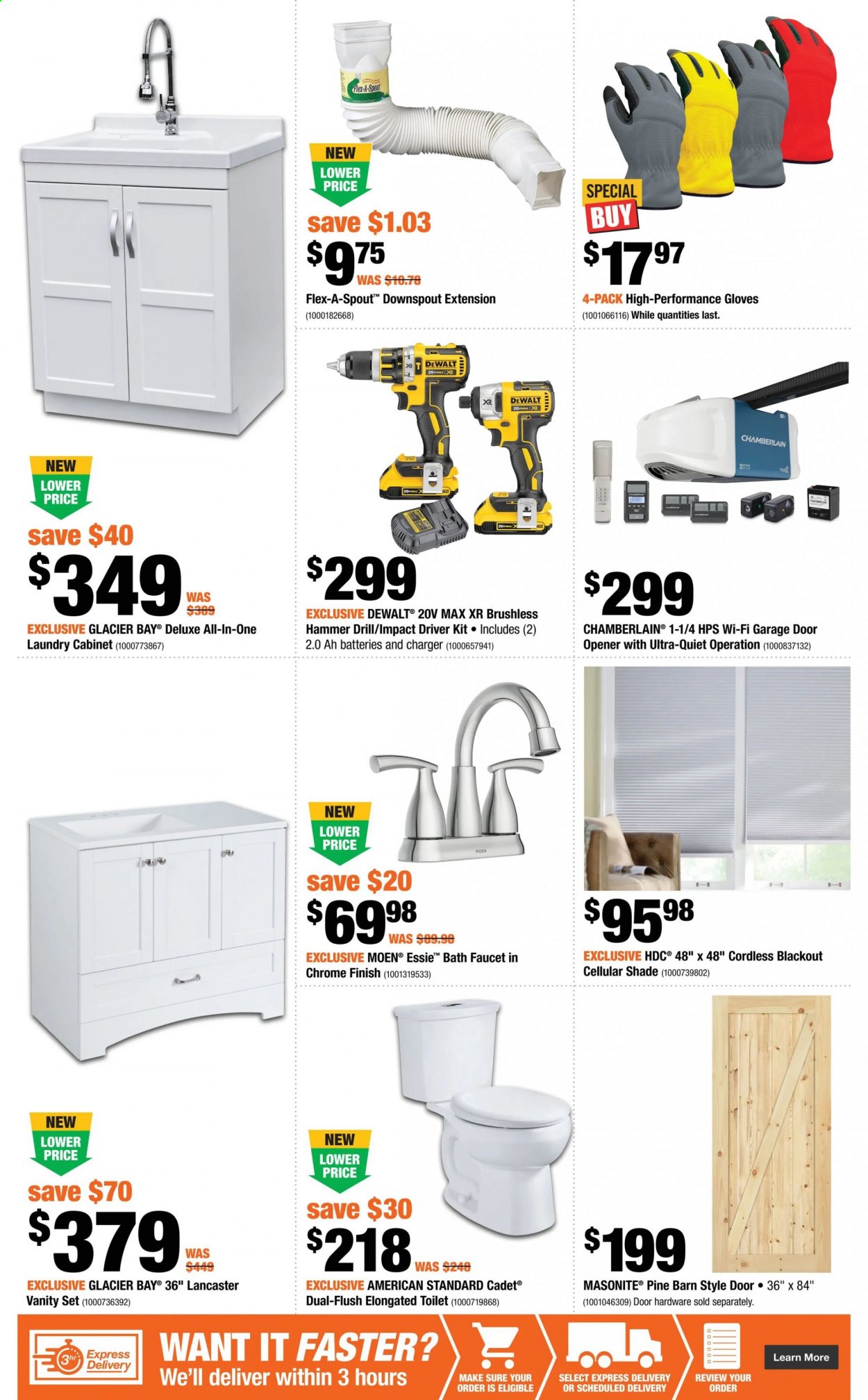 thumbnail - The Home Depot Flyer - April 08, 2021 - April 14, 2021 - Sales products - cabinet, vanity, toilet, bath faucet, faucet, door opener, garage door opener, DeWALT, drill, impact driver, work gloves. Page 4.