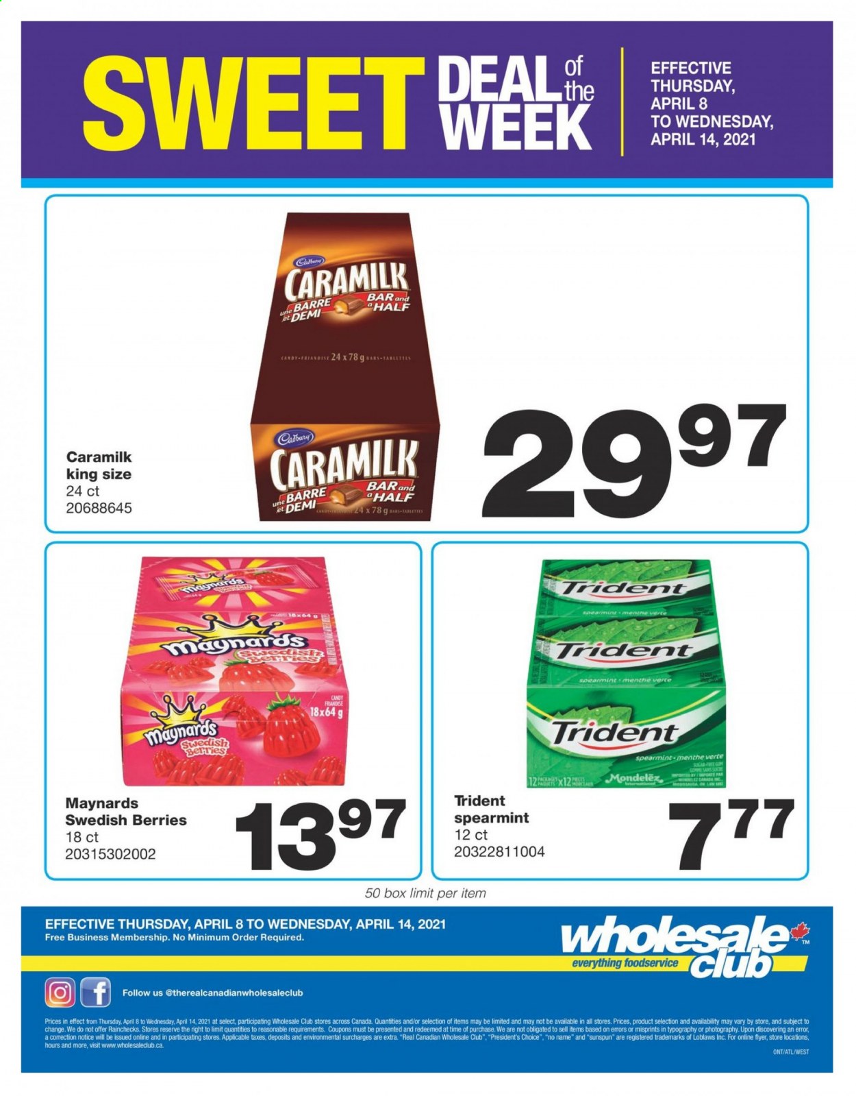 thumbnail - Wholesale Club Flyer - April 08, 2021 - April 14, 2021 - Sales products - No Name, Président, Cadbury, Trident, sugar. Page 1.