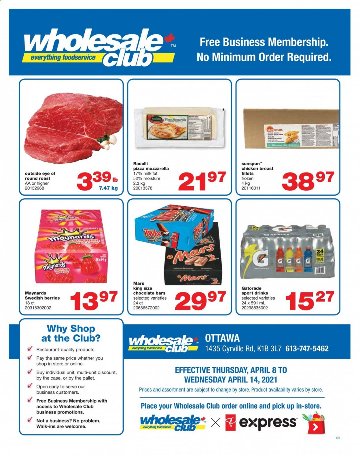 thumbnail - Wholesale Club Flyer - April 08, 2021 - April 14, 2021 - Sales products - pizza, milk, Twix, Mars, chocolate bar, Gatorade, chicken breasts, chicken, beef meat, eye of round, round roast. Page 1.