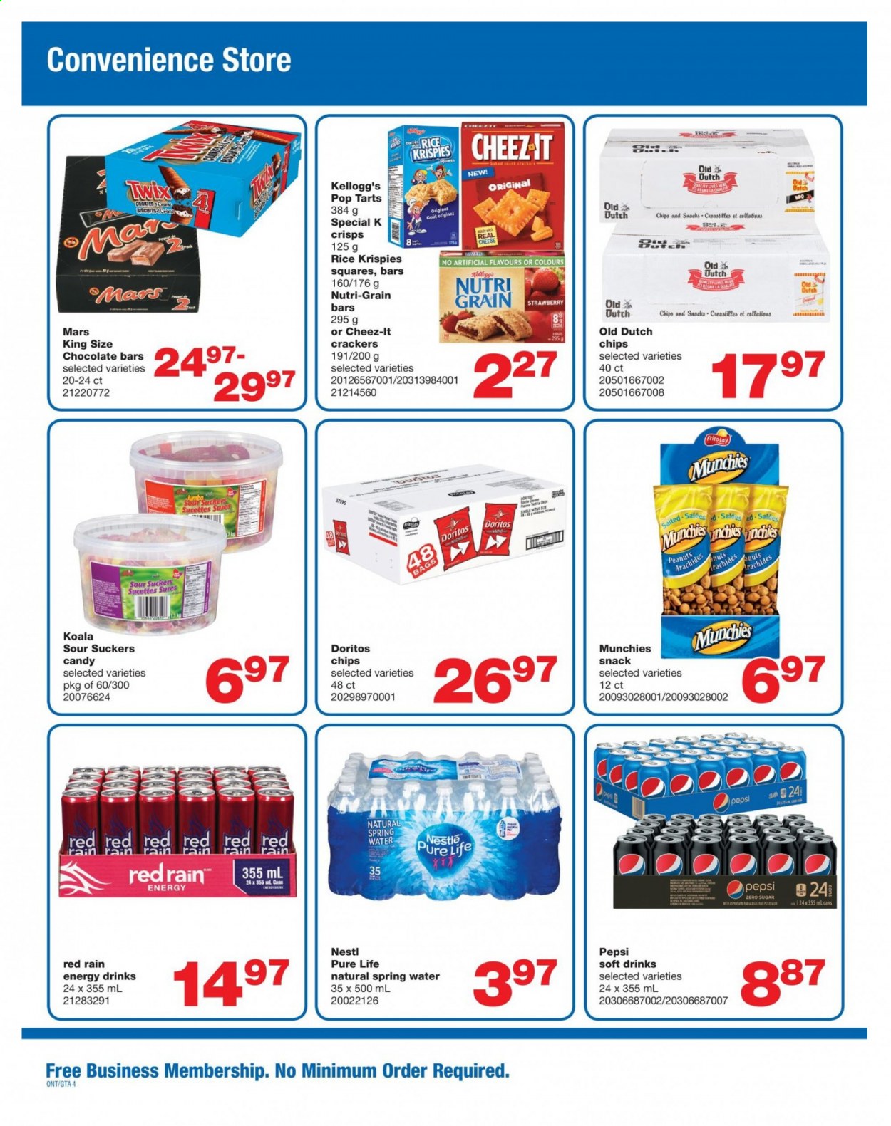 thumbnail - Wholesale Club Flyer - April 08, 2021 - April 28, 2021 - Sales products - Ace, cheese, cookies, snack, Twix, Mars, crackers, Kellogg's, Pop-Tarts, chocolate bar, Doritos, Cheez-It, Rice Krispies, Nutri-Grain, peanuts, Pepsi, energy drink, soft drink, spring water, Nestlé, chips. Page 4.