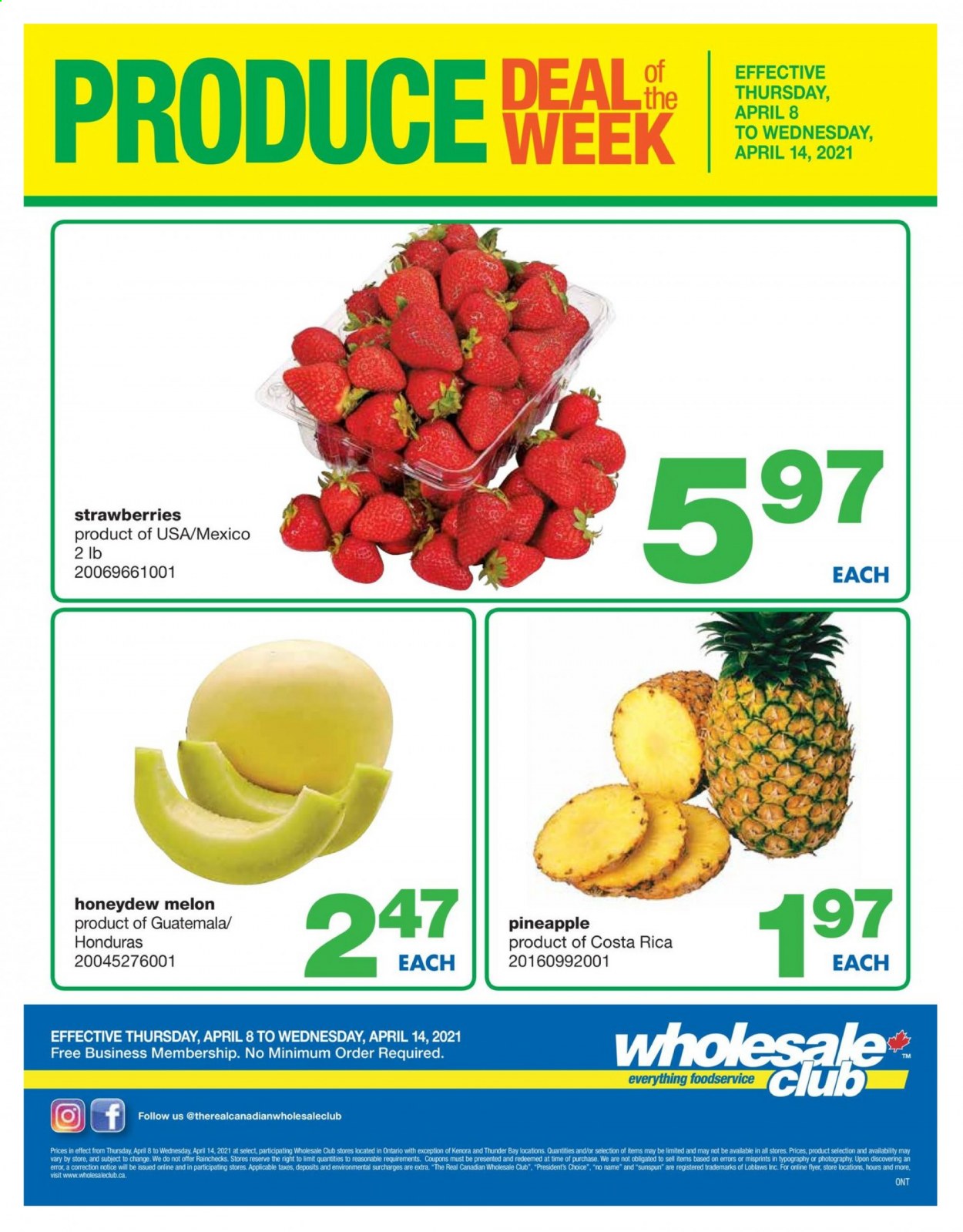thumbnail - Wholesale Club Flyer - April 08, 2021 - April 14, 2021 - Sales products - strawberries, honeydew, pineapple, melons, No Name, Président. Page 1.