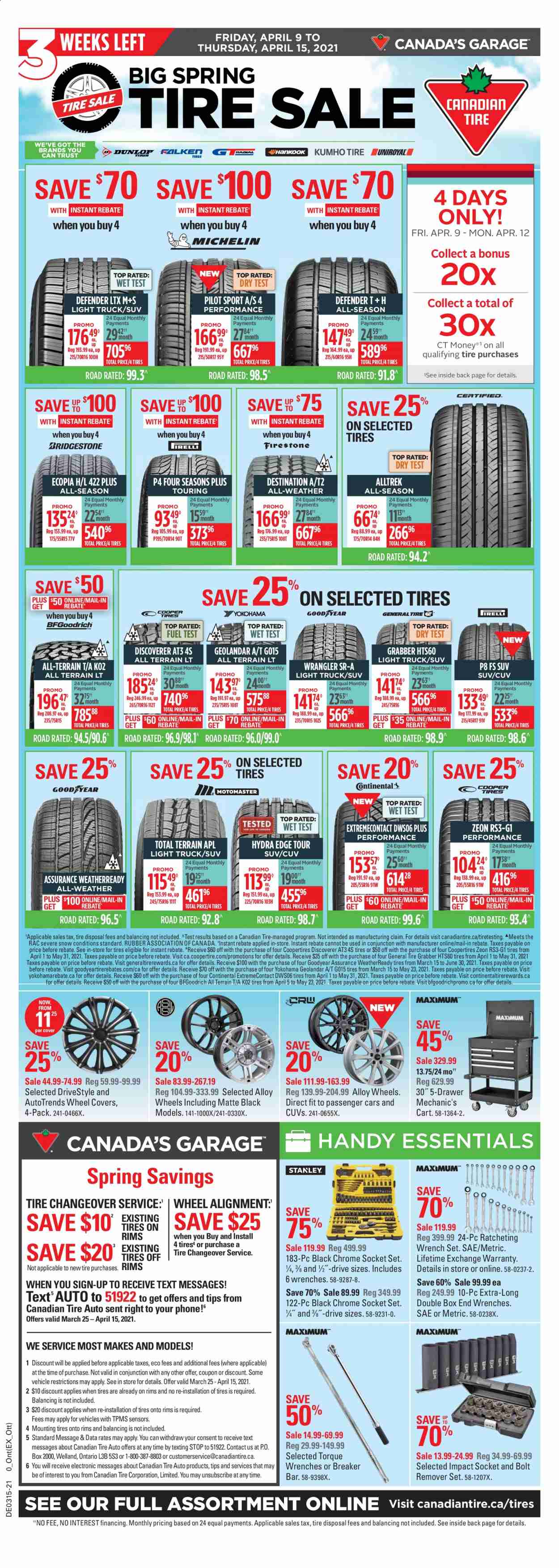 thumbnail - Canadian Tire Flyer - April 09, 2021 - April 15, 2021 - Sales products - eraser, Pilot, vehicle, socket set, wrench set, torque wrench, cart, BF Goodrich, Continental, Goodyear, tires, wheel covers, Yokohama. Page 1.