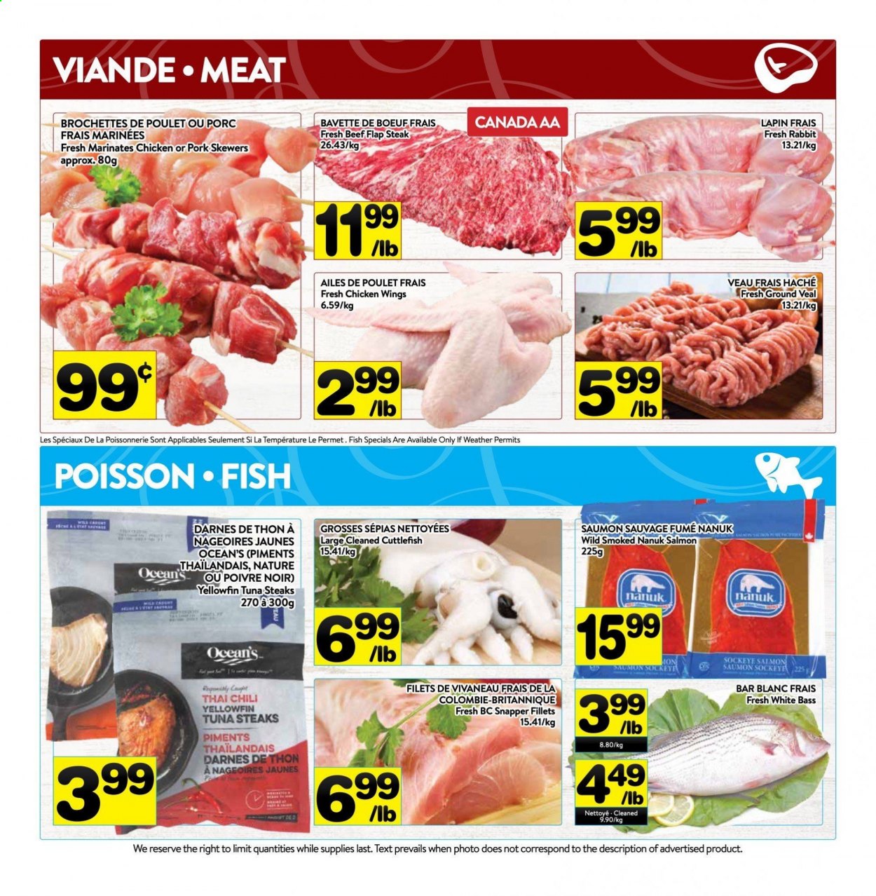 thumbnail - PA Supermarché Flyer - April 12, 2021 - April 18, 2021 - Sales products - cuttlefish, salmon, tuna, fish, chicken wings, rabbit, beef meat, ground veal, veal meat, flap steak, steak. Page 2.