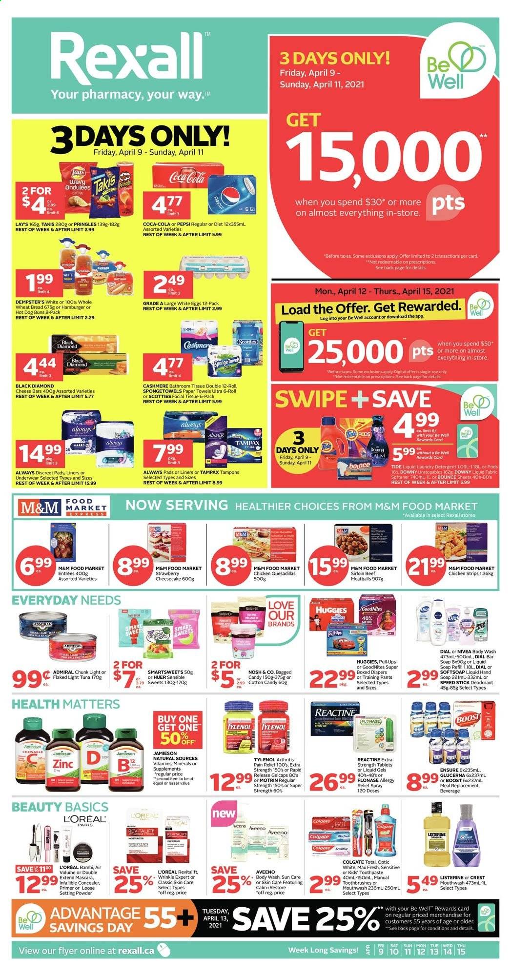 thumbnail - Rexall Flyer - April 09, 2021 - April 15, 2021 - Sales products - cotton candy, Pringles, Lay’s, light tuna, Coca-Cola, Pepsi, Boost, pants, nappies, baby pants, Aveeno, bath tissue, kitchen towels, paper towels, Tide, fabric softener, laundry detergent, Bounce, body wash, Softsoap, hand soap, soap bar, Dial, soap, toothpaste, mouthwash, Crest, Always pads, sanitary pads, Always Discreet, tampons, L’Oréal, anti-perspirant, Speed Stick, corrector, face powder, sponge, pain relief, Tylenol, Glucerna, zinc, allergy relief, Motrin, Listerine, mascara, Tampax, tuna, Huggies, Nivea, M&M's, deodorant. Page 1.